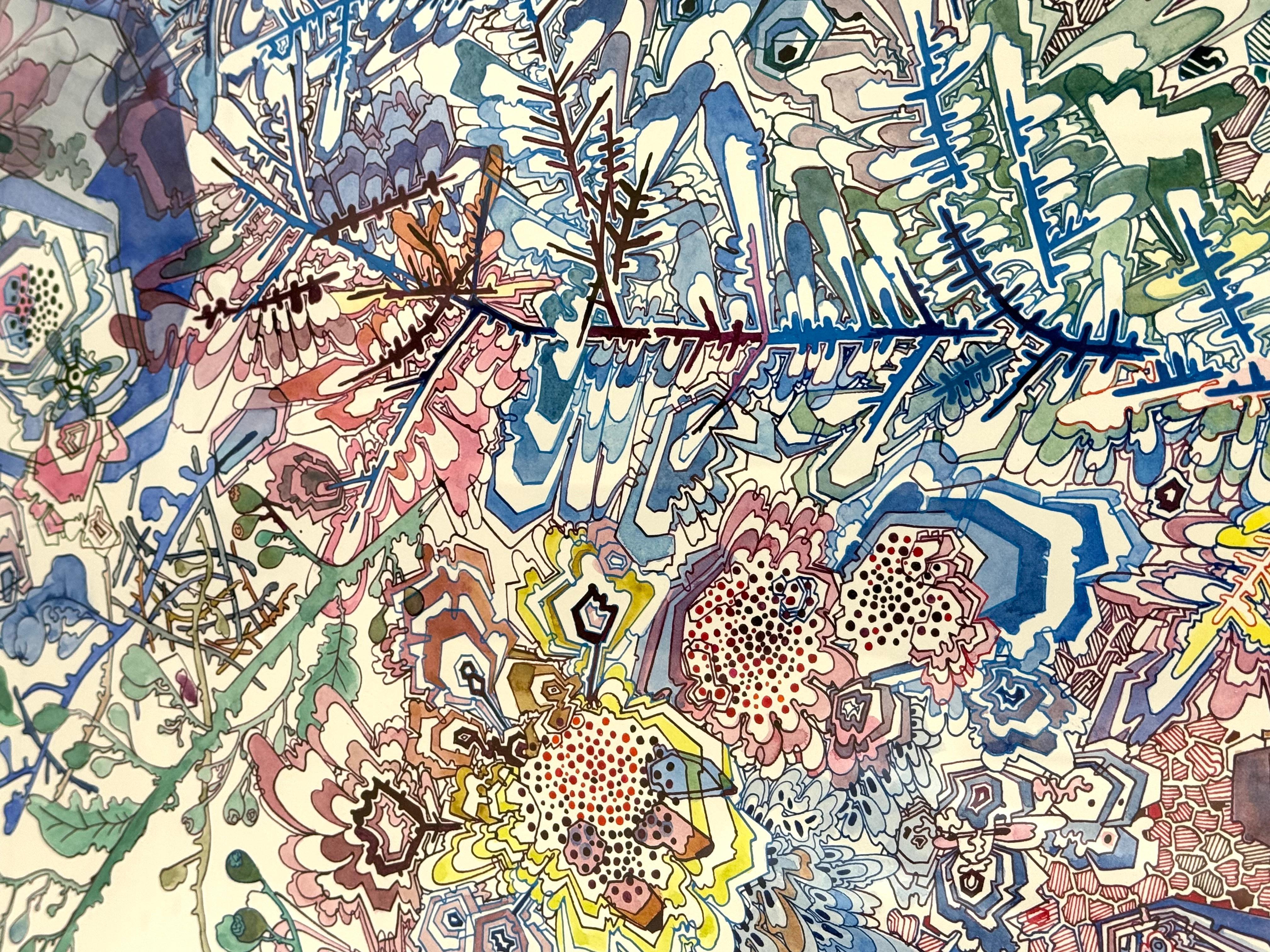 In this meticulously detailed contemporary drawing in ink and watercolor on paper, carefully drawn dots and lines in blue, green, red, orange and pink create an intricate composition inspired by flowers and patterns in nature. 

37.5 x 26 inches