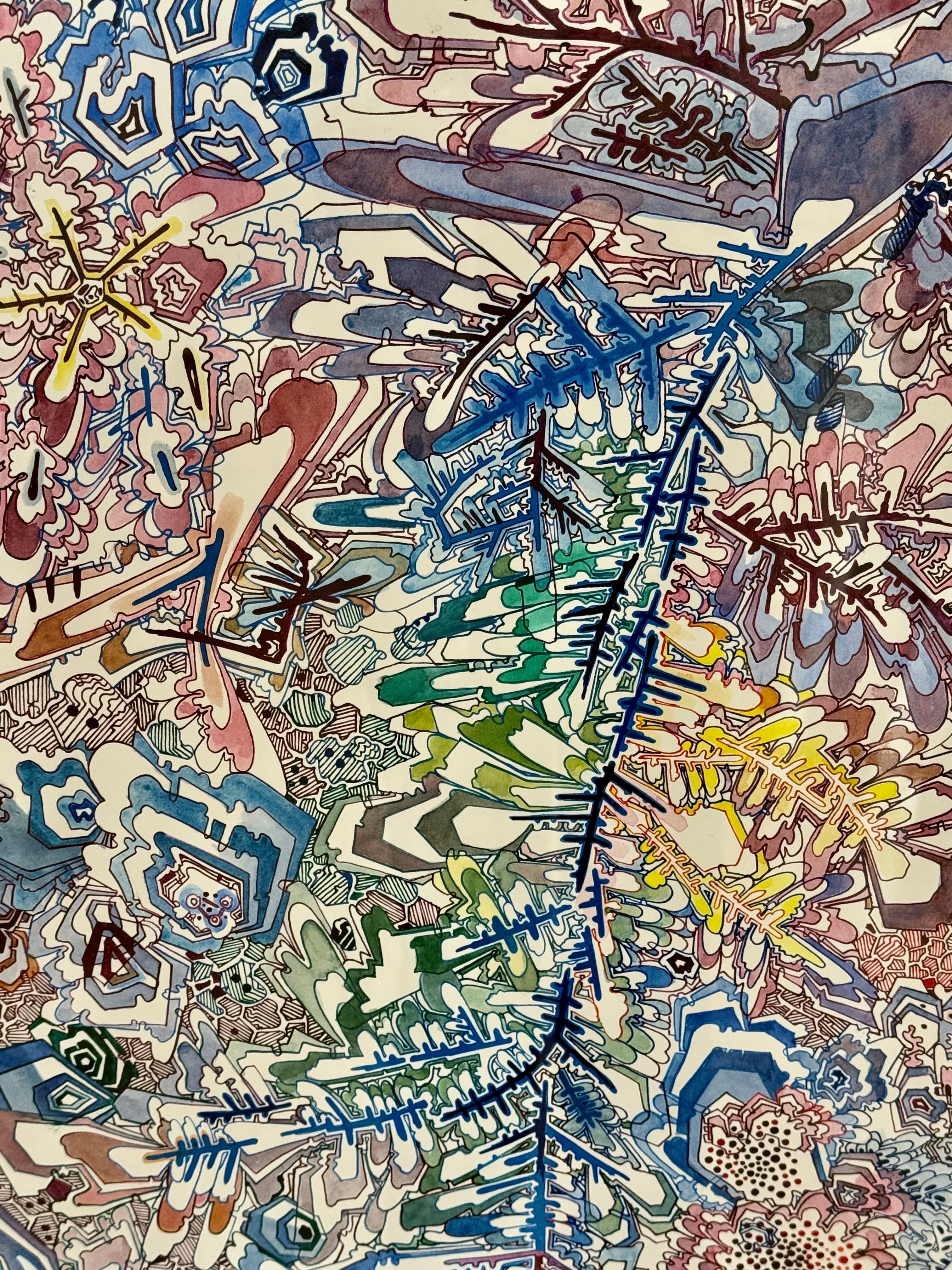 Cool August - Abstract Pattern Lines Drawing Fruit Blue Green, 2024 - Gray Abstract Drawing by Sarah Morejohn