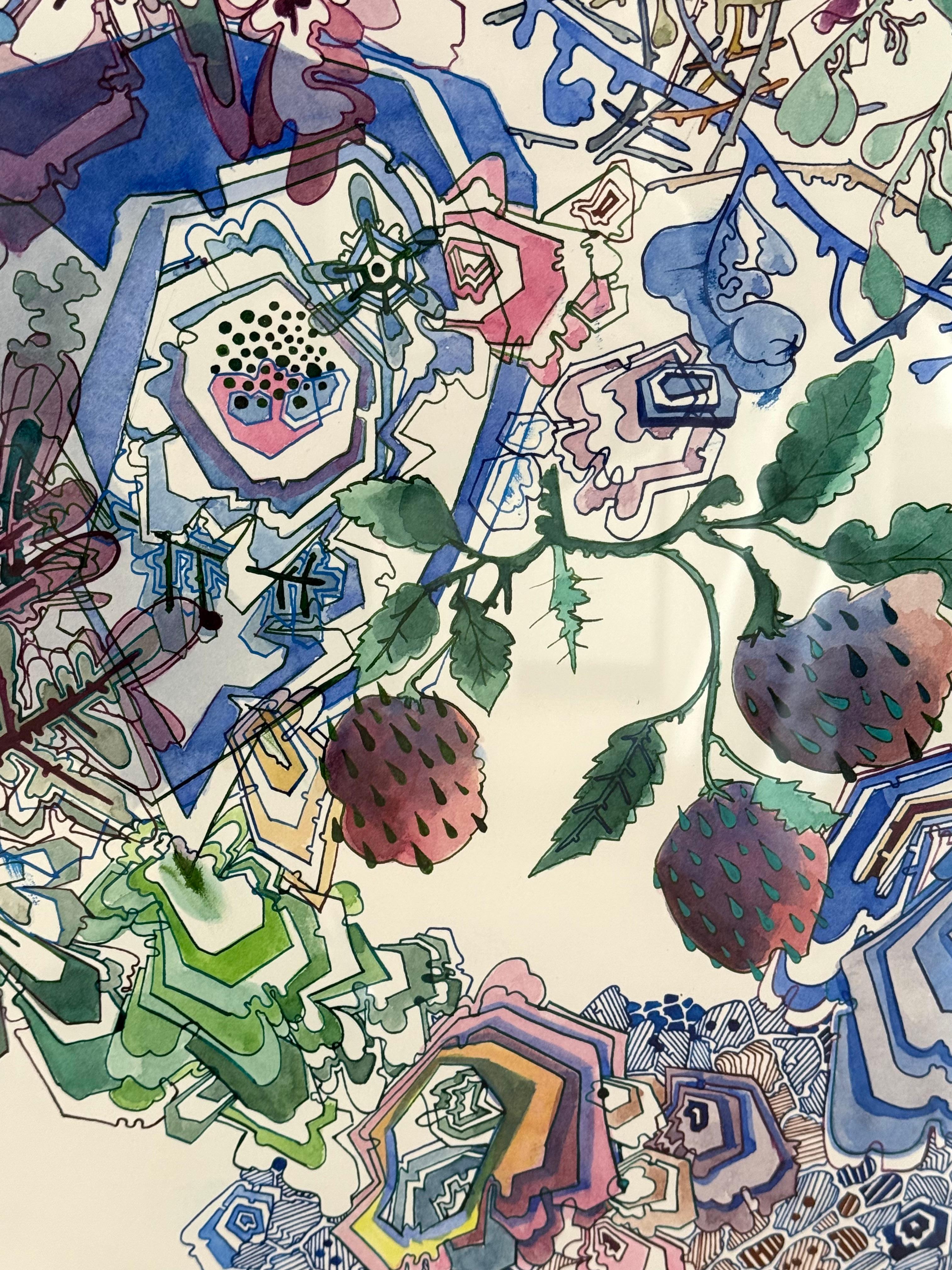 Cool August - Abstract Pattern Lines Drawing Fruit Blue Green, 2024 For Sale 6