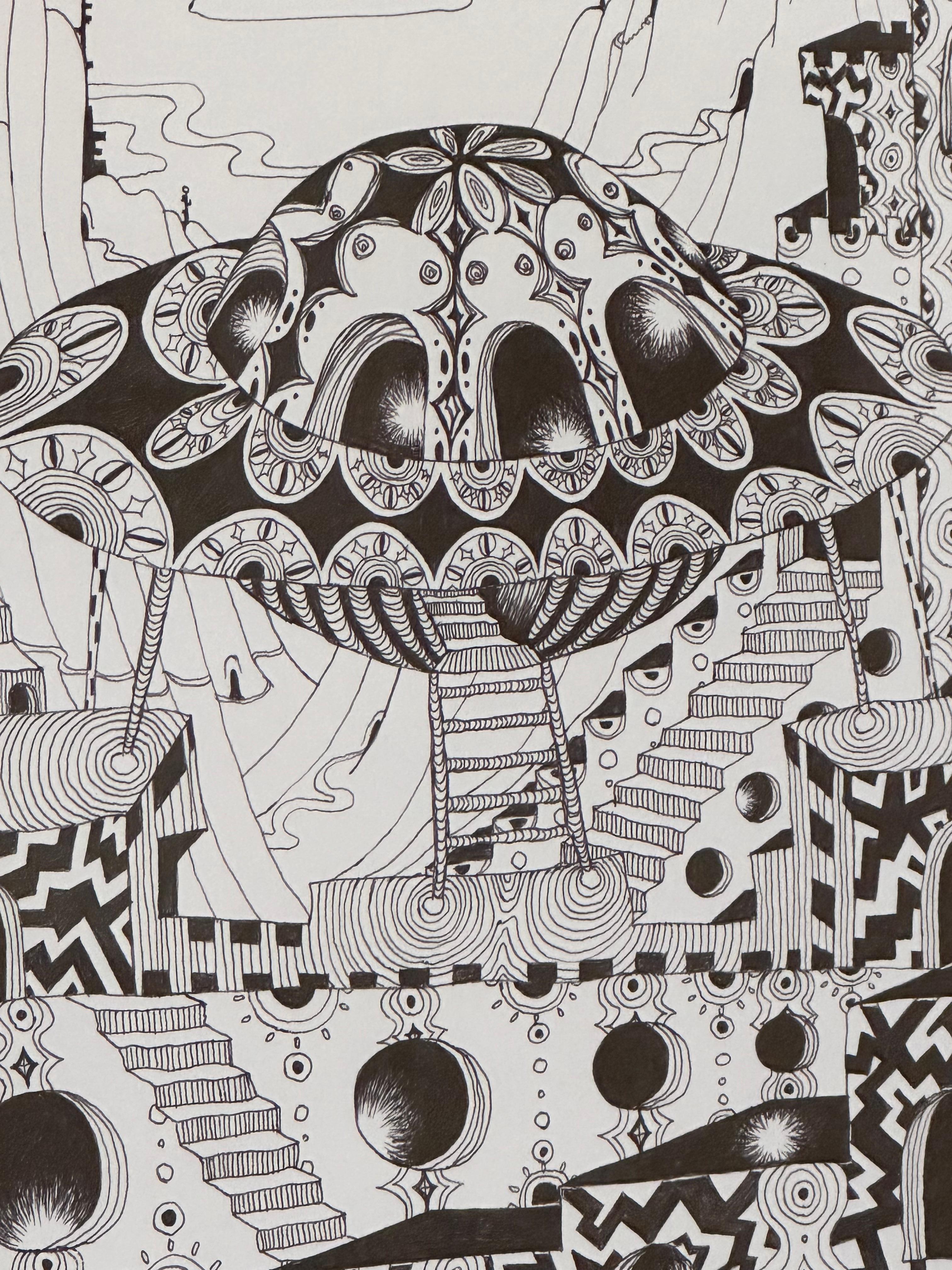 Soul Flowers 50 Return - Spaceship Black and White Pattern Drawing, 2024 (Grau), Abstract Drawing, von Michiyo Ihara
