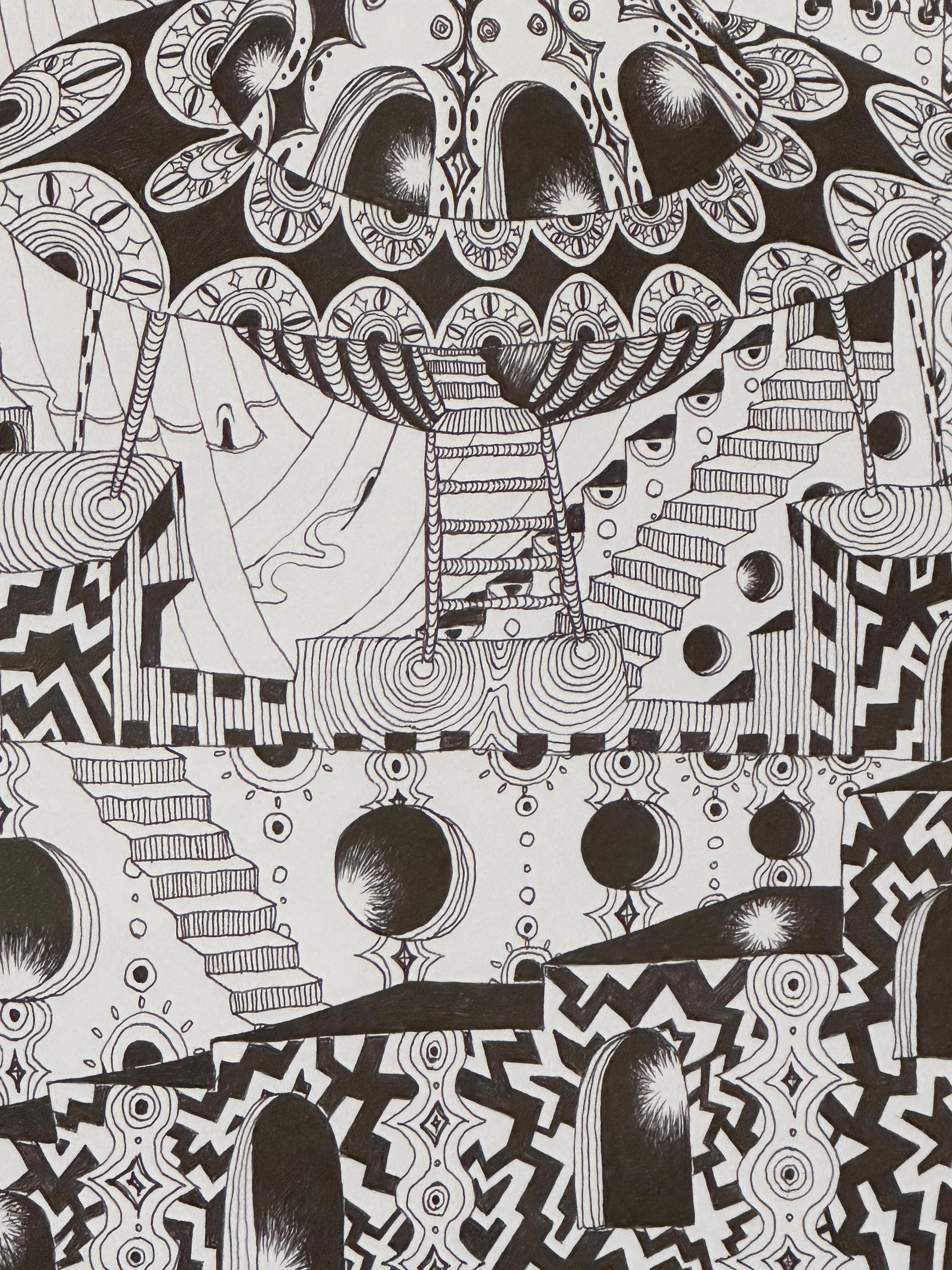 A ladder extends down to a platform from a patterned flying saucer while ringed planets float in the distance overhead in the sky, a surreal scene detailed with meticulously rendered patterns. This drawing is entirely hand-drawn using only pen and