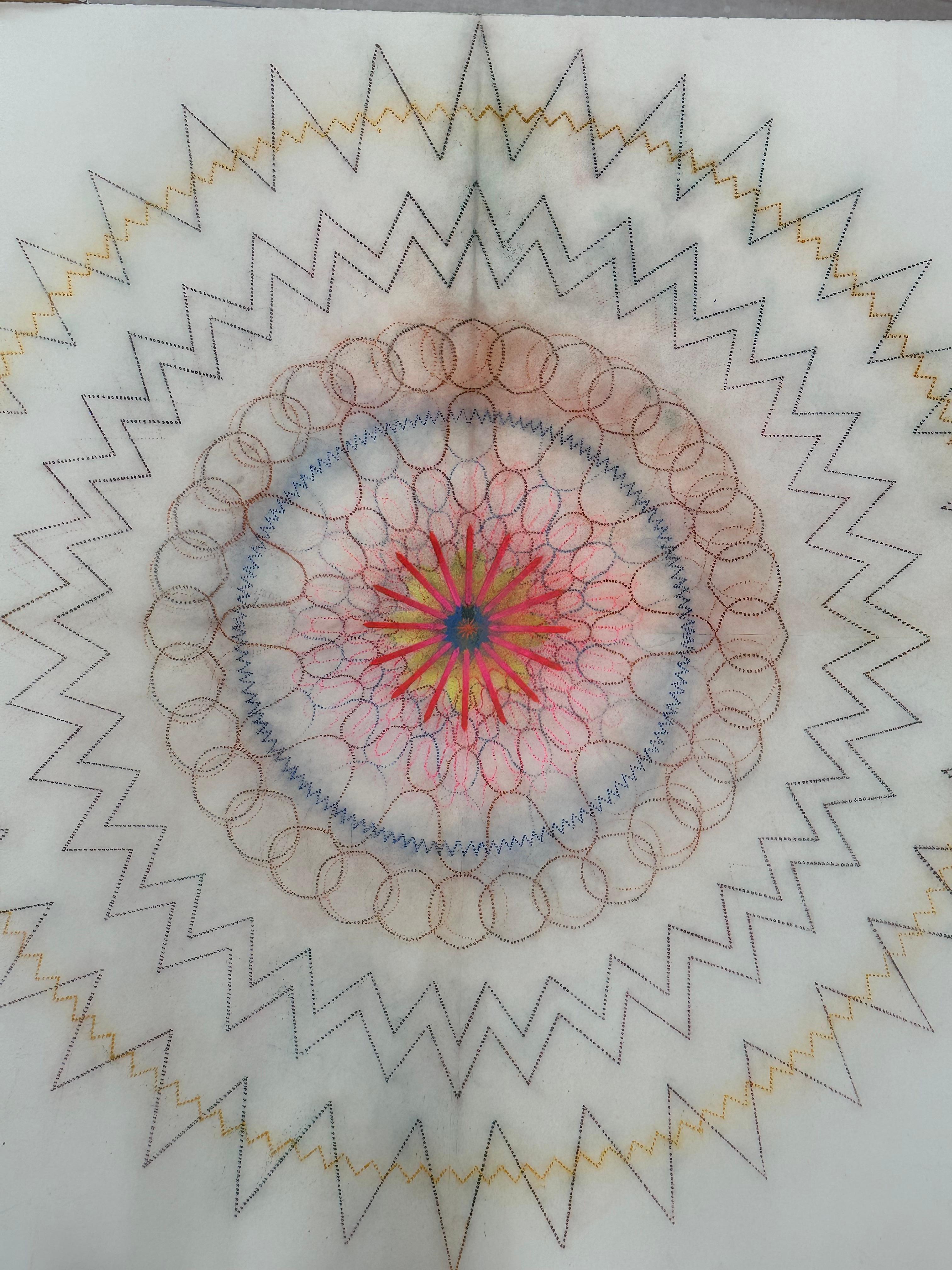 This contemporary, geometric abstract drawing on paper has a beautiful, soft mottled texture created with Judge's unique powered pigment technique. Primavera Pop 30 is a mandala shape composed of careful lines and dots in orange, blue, soft yellow
