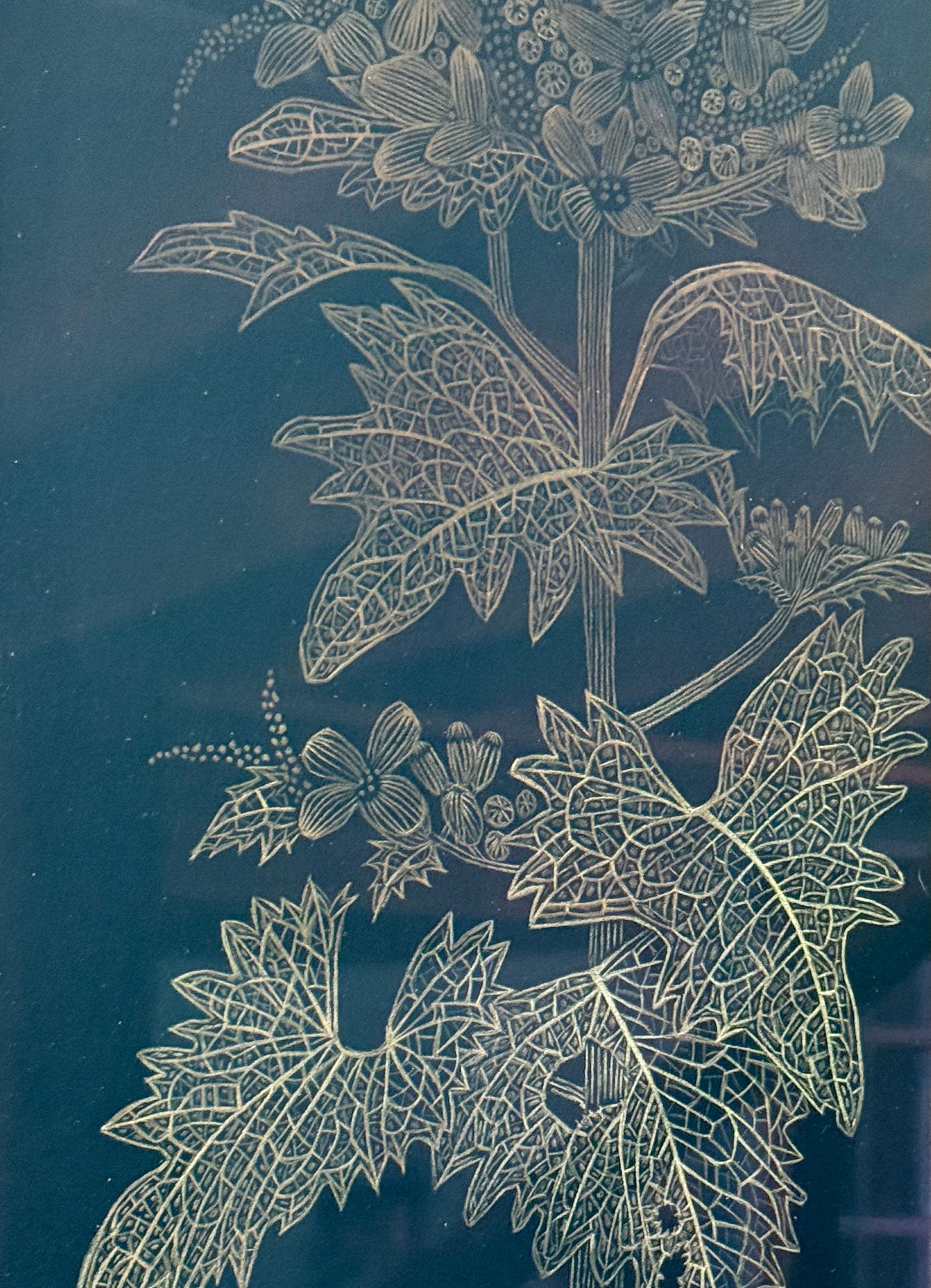 Moutarde à l'ail - Peinture botanique Plante dorée Feuilles noires Tige Bourgeon, 2025 en vente 2
