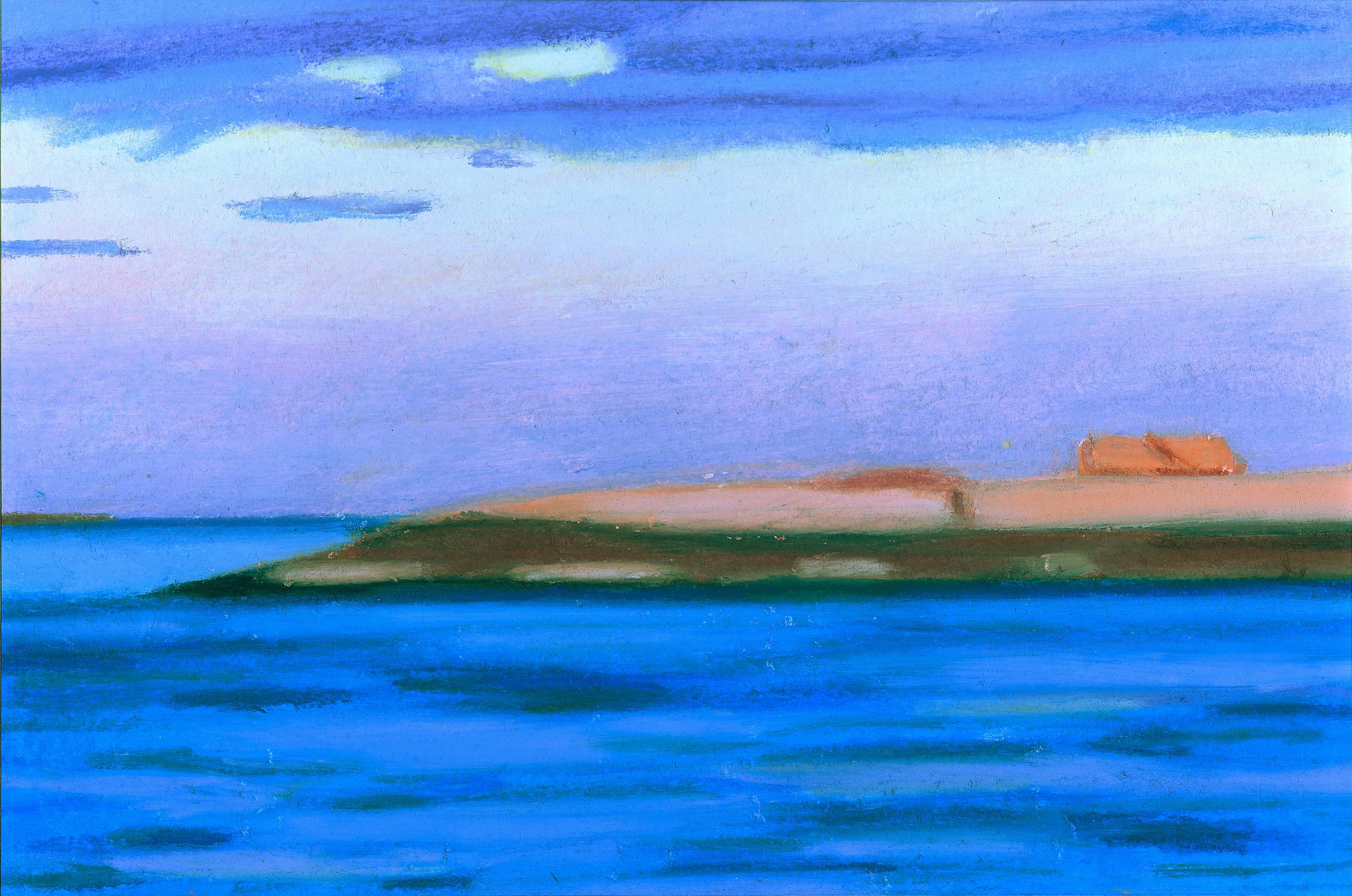 Laura Barr Landscape Painting – Rock Water 45 - Wolken Sonnenuntergang Himmel Wasser Insel Landschaft Pastellzeichnung, 2015