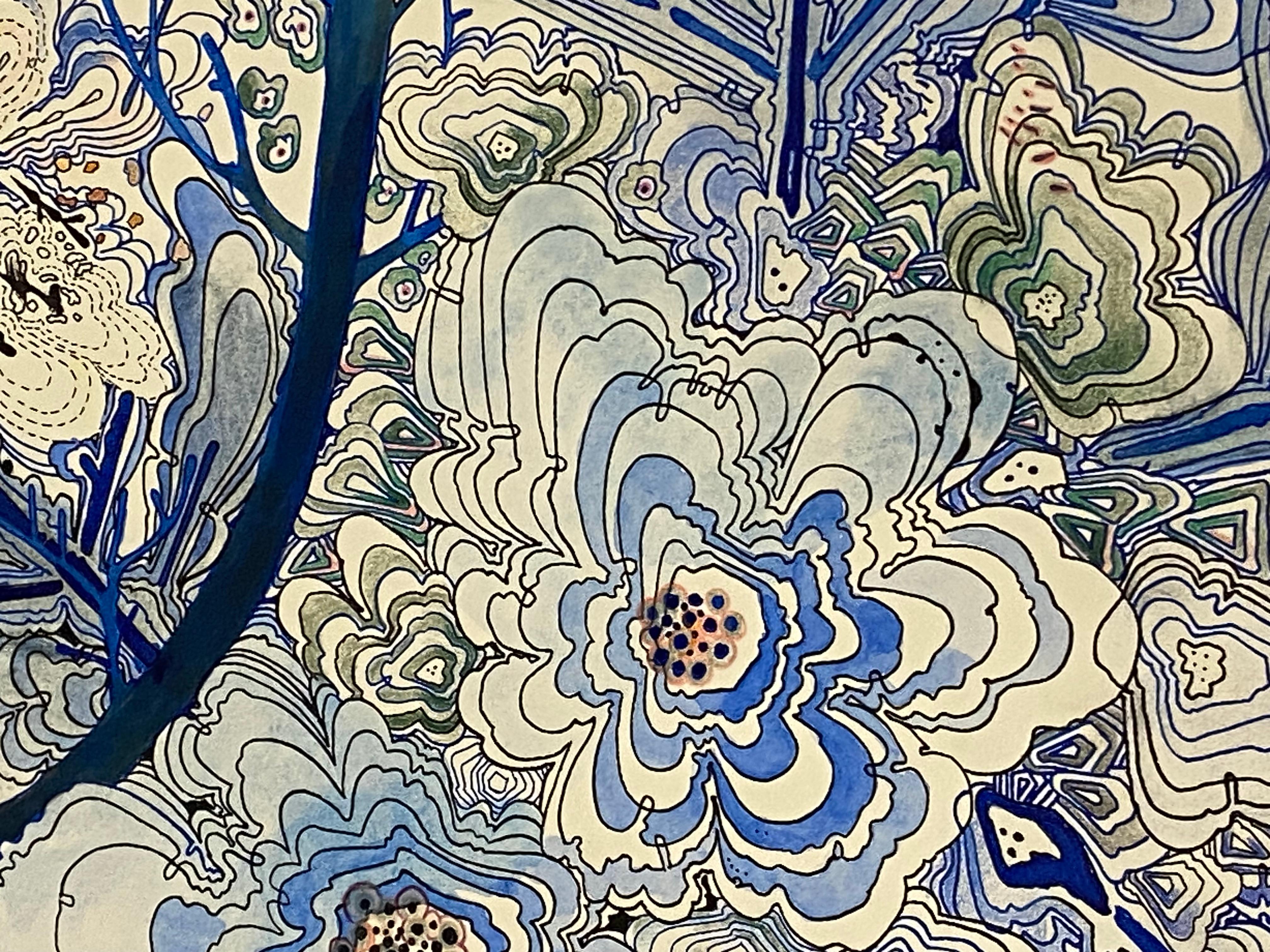 Dirty Fall - Blau Rosa botanisches Blumenmuster Zeichnungspapier in Form von Blumen, 2020 im Angebot 2