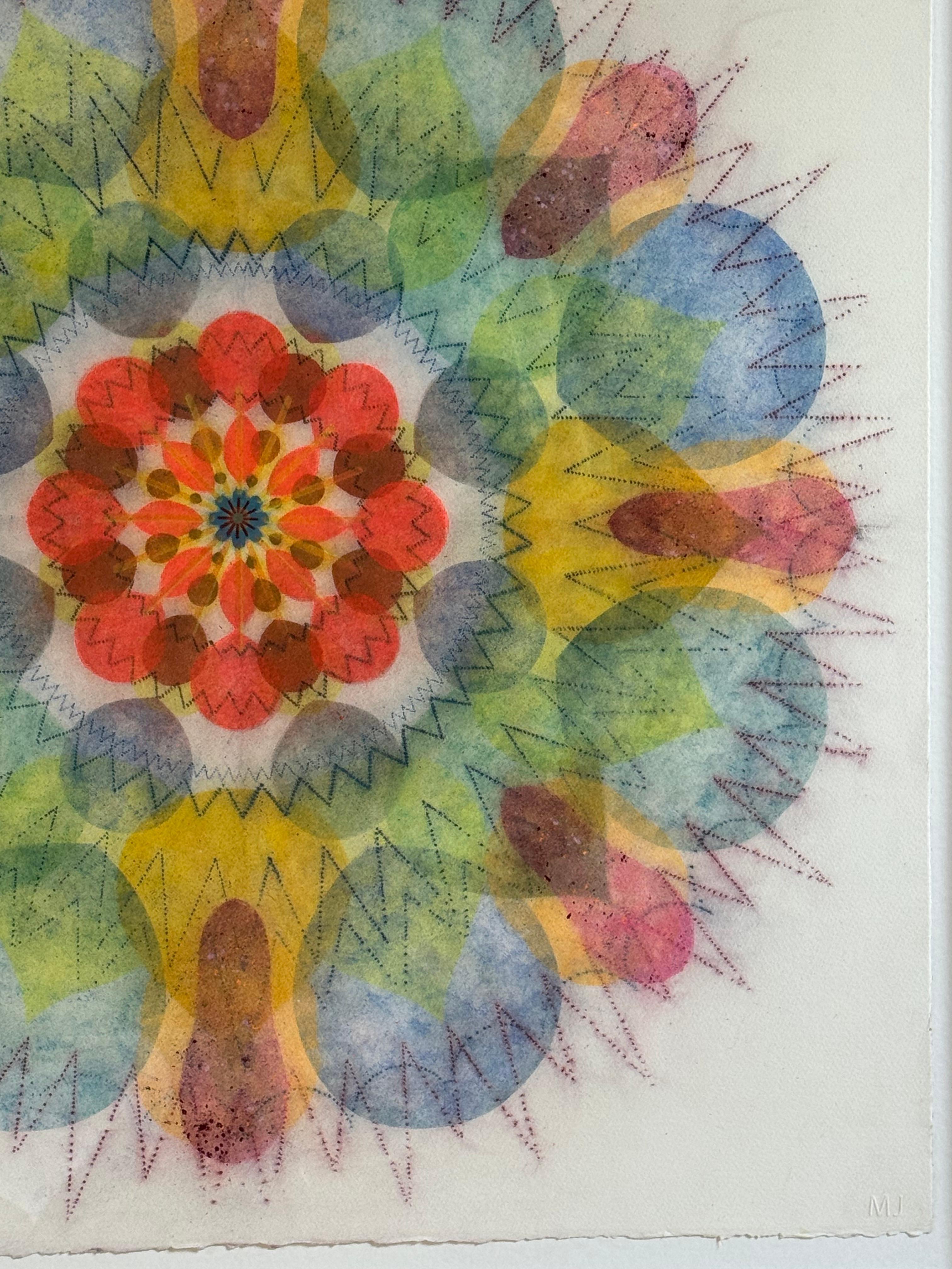Watermill Pinwheel Five - Rouge Bleu Vert Jaune Géométrique Flower Mandala, 2023 - Contemporain Art par Mary Judge