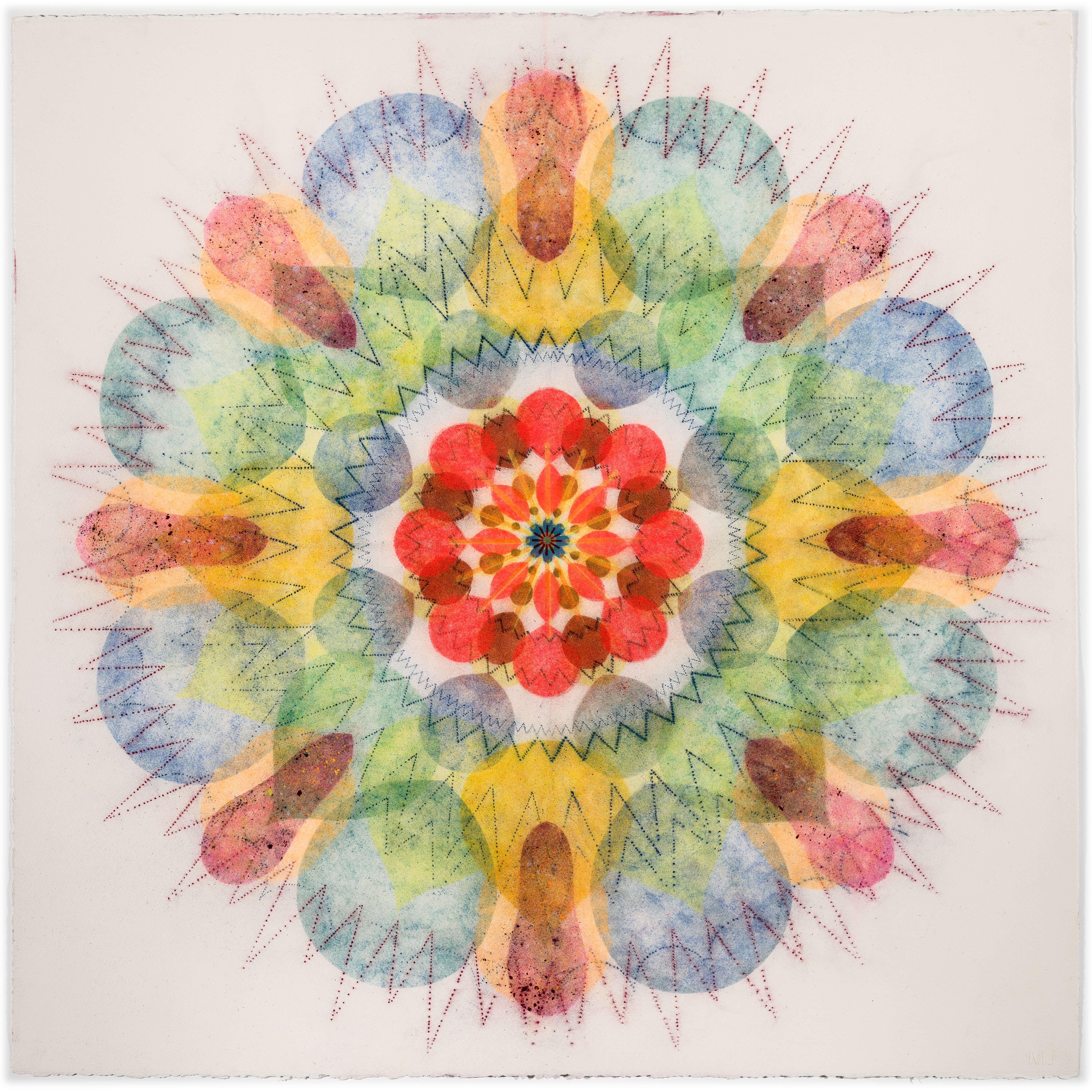 Abstract Drawing de Mary Judge - Molinete Cinco - Rojo Azul Verde Amarillo Mandala Floral Geométrico, 2023