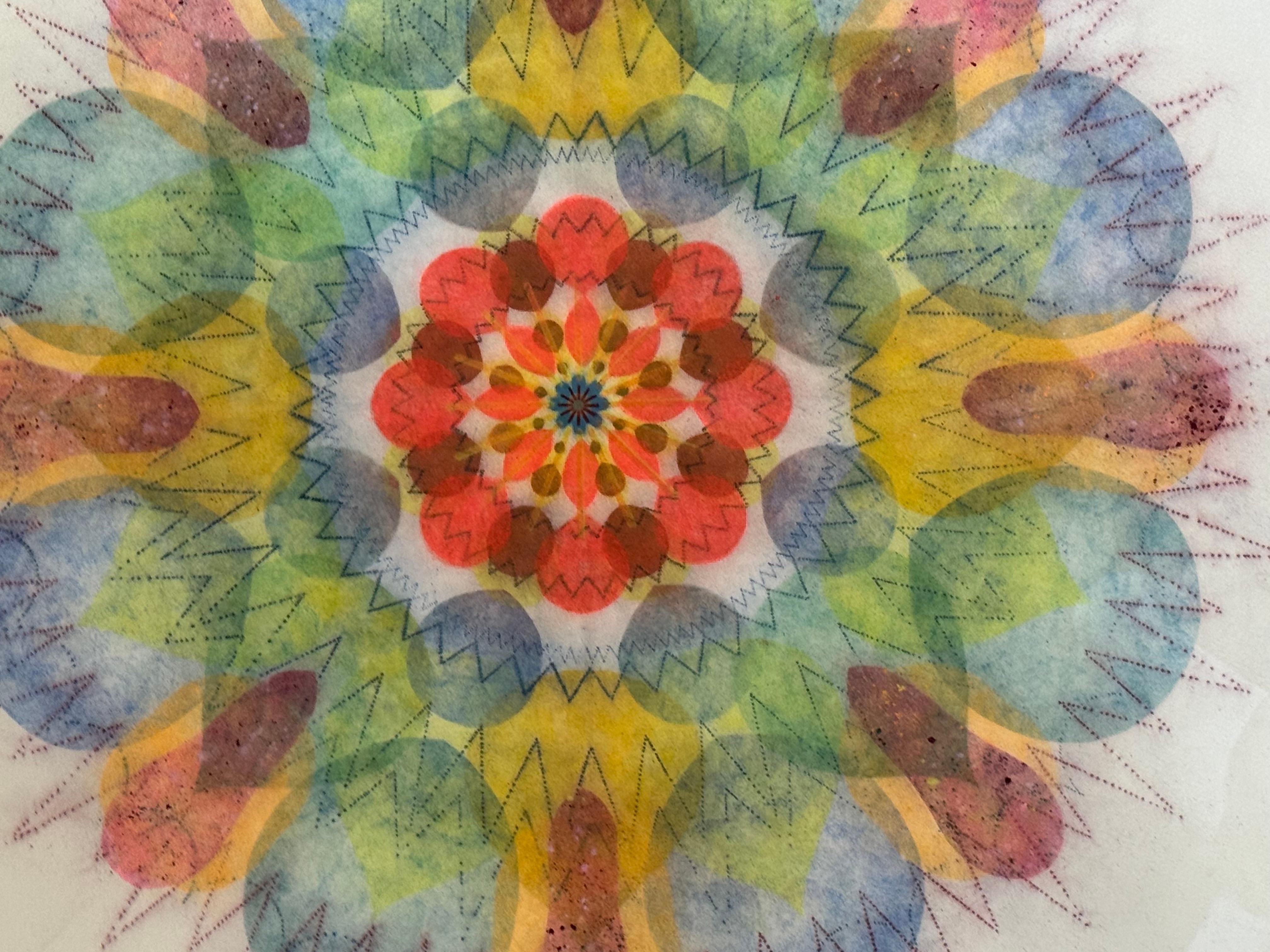 Molinete Cinco - Rojo Azul Verde Amarillo Mandala Floral Geométrico, 2023 - Art de Mary Judge