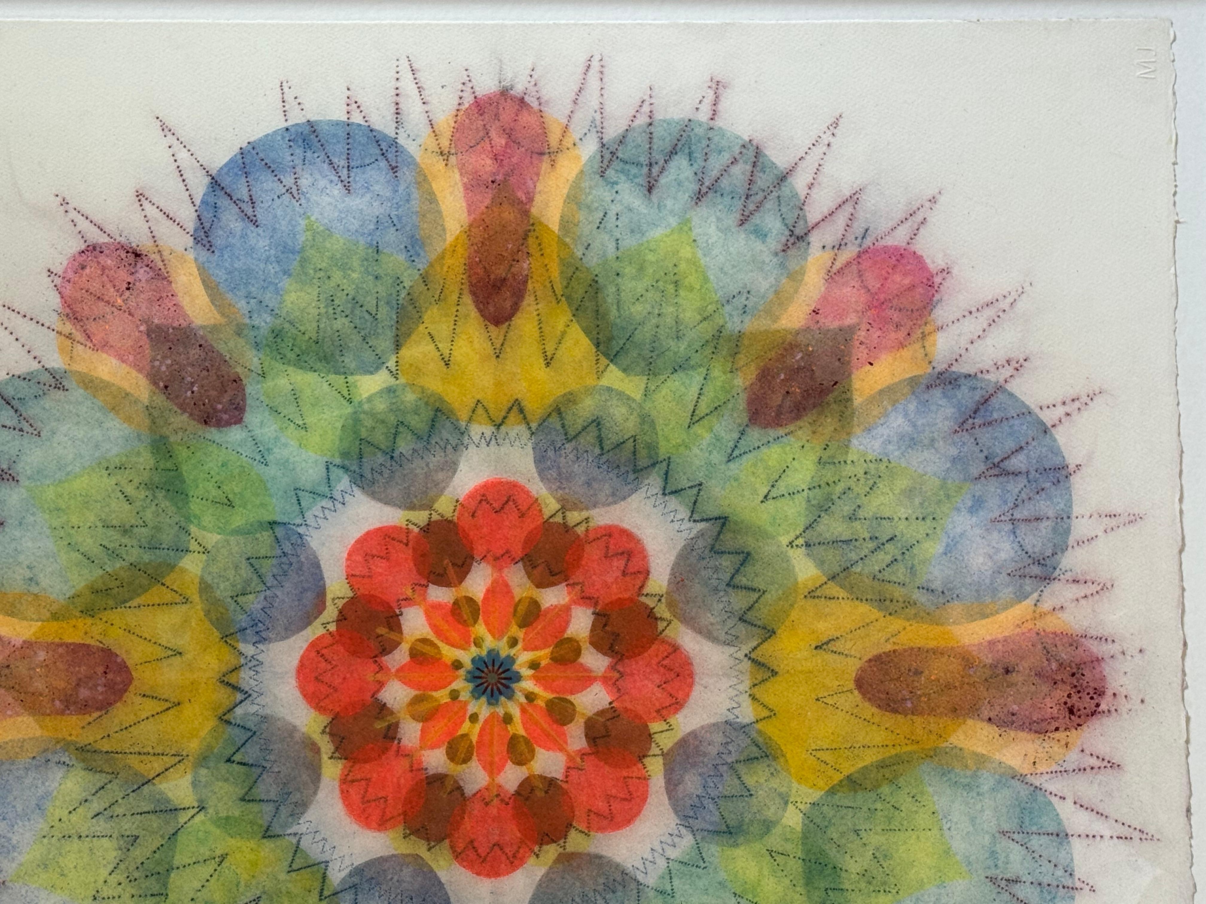 Molinete Cinco - Rojo Azul Verde Amarillo Mandala Floral Geométrico, 2023 - Art Contemporáneo de Mary Judge