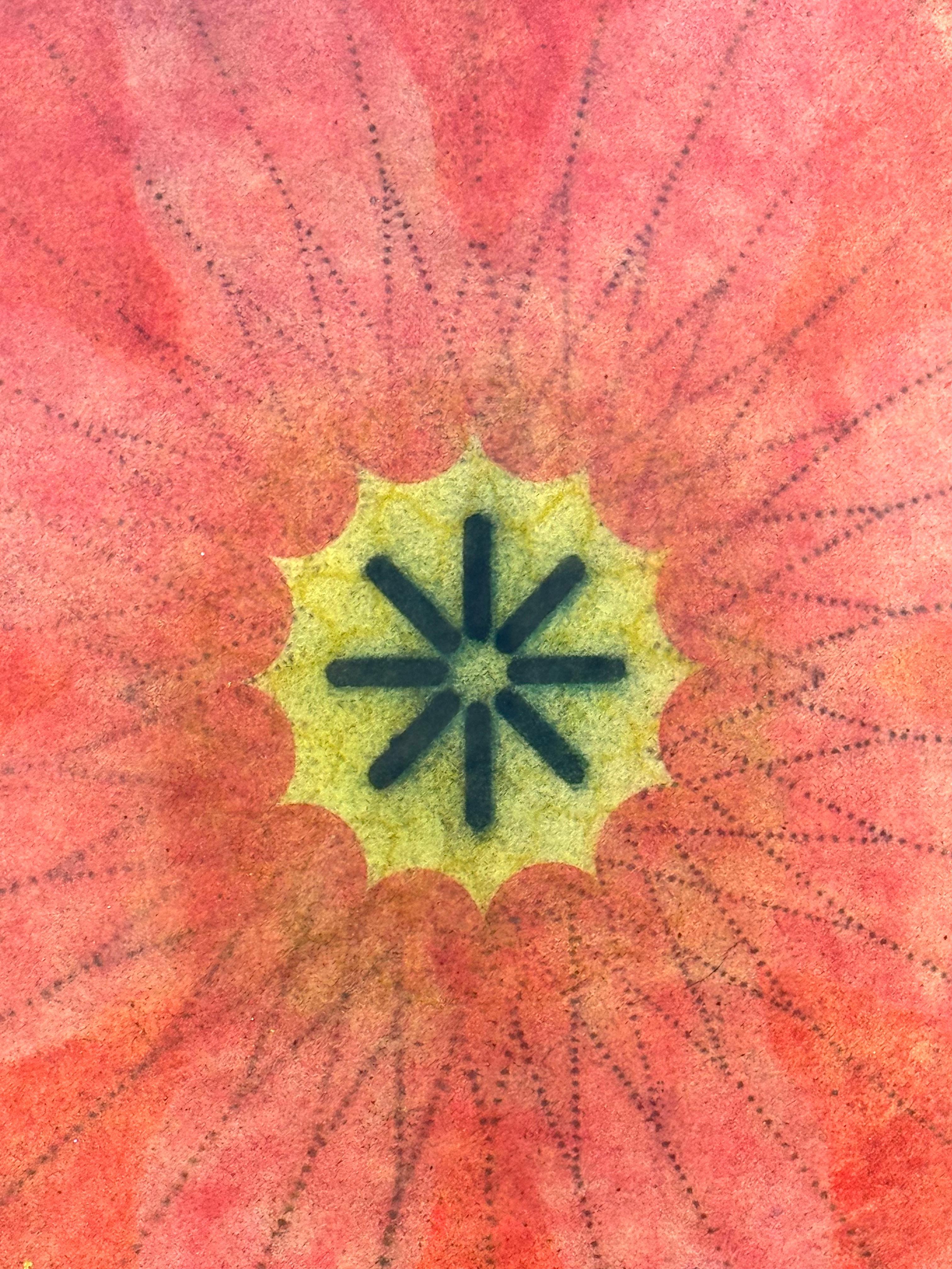 Molinete Cuatro - Mandala geométrico de flores rosa brillante azul amarillo, 2023 - Abstract Drawing Beige de Mary Judge