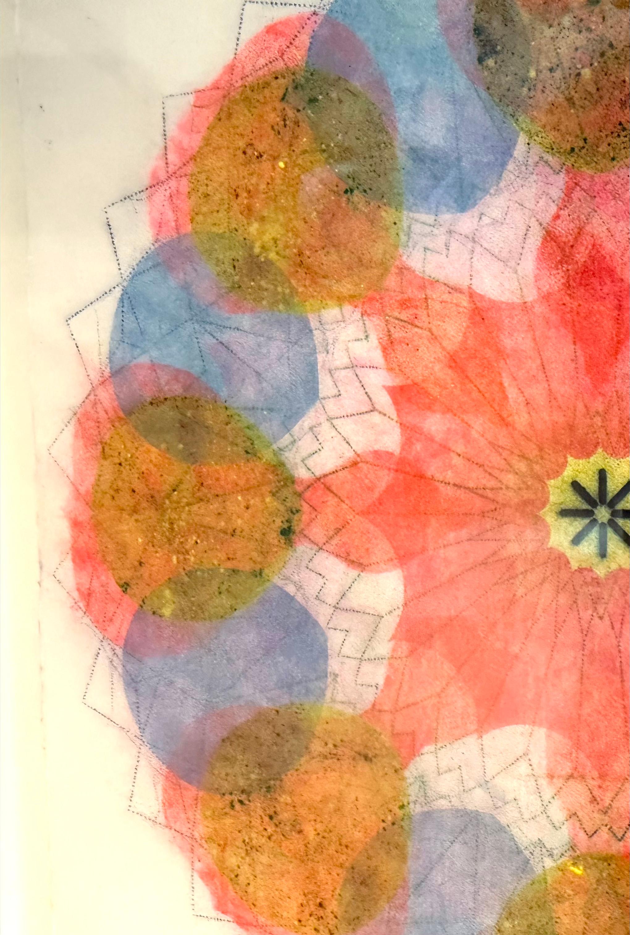 Molinete Cuatro - Mandala geométrico de flores rosa brillante azul amarillo, 2023 - Art Contemporáneo de Mary Judge