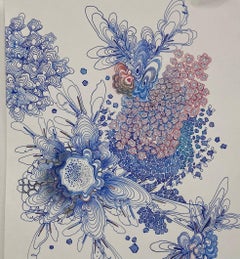 Racimo - Dibujo Patrón Contemporáneo Azul Marino Rosa Melocotón Naranja, 2020