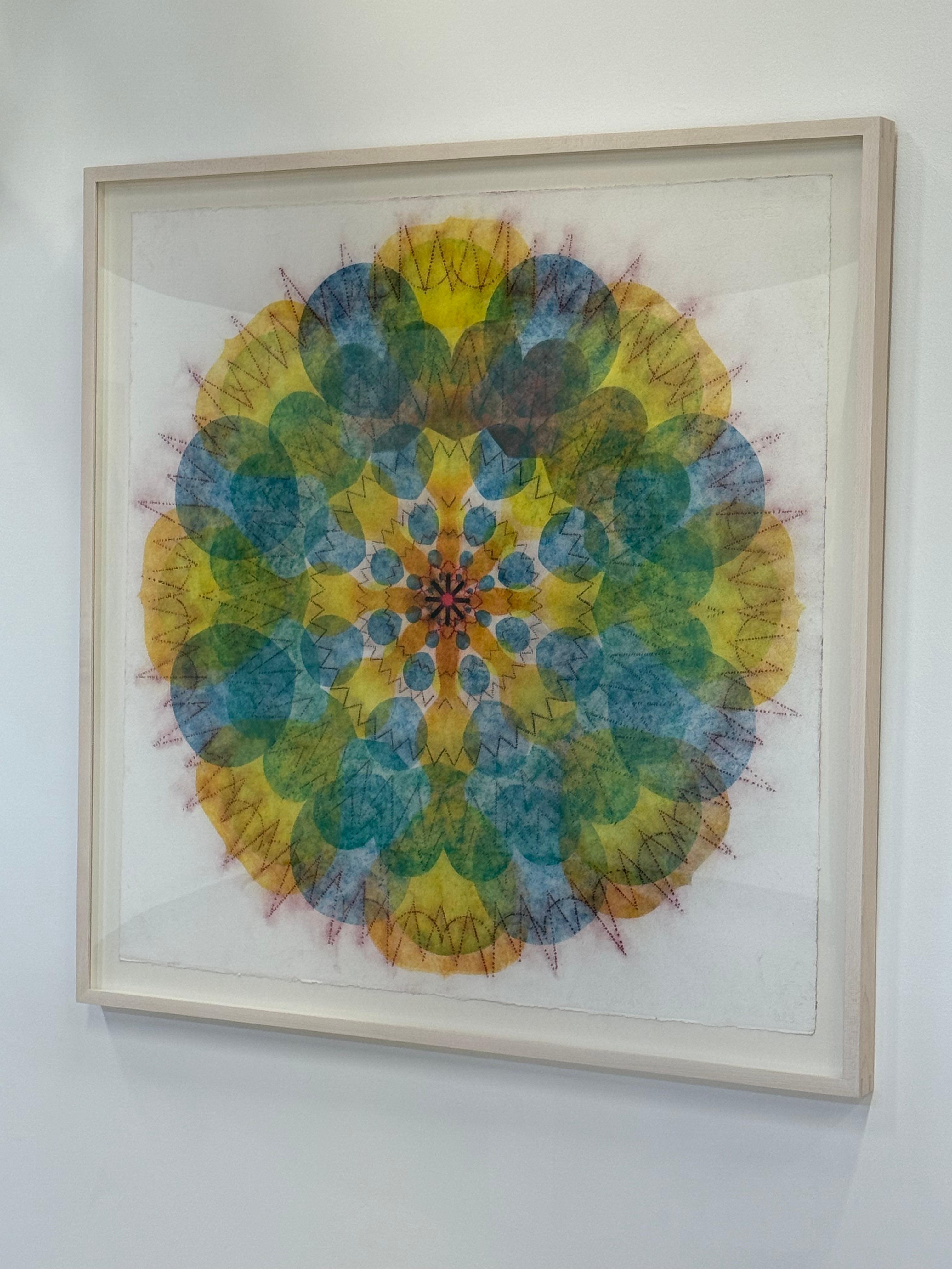 Watermill Pinwheel Two - Red Blue Green Yellow Geometric Flower Mandala, 2023 - Art by Mary Judge