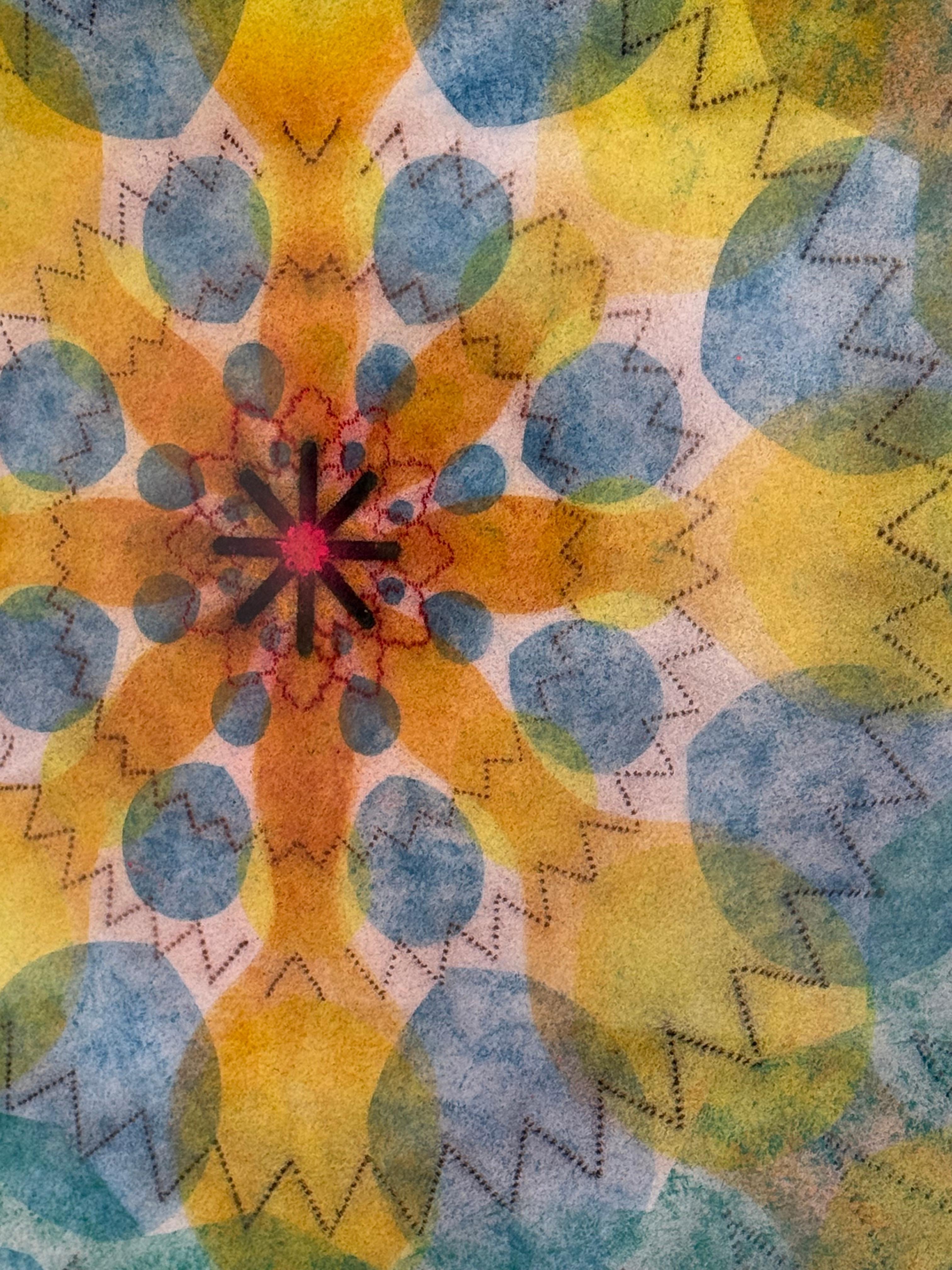 Watermill Pinwheel 02 is a geometric mandala shape with blue, green, and yellow in an intricately layered design created with Judge's unique powered pigment technique. The combination of the ordered symmetry and the rich, vibrant colors is powerful