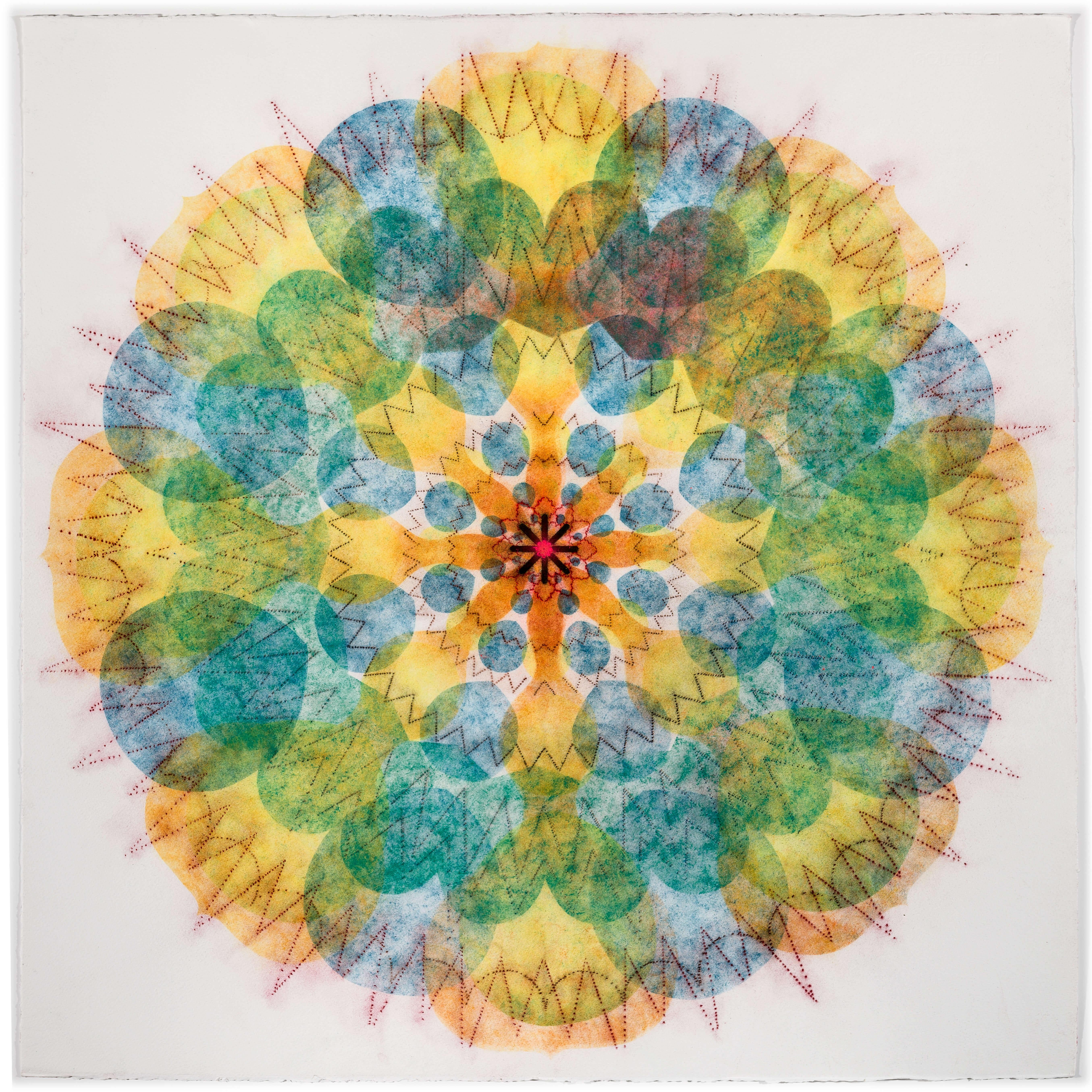 Mary Judge Abstract Drawing - Watermill Pinwheel Two - Red Blue Green Yellow Geometric Flower Mandala, 2023