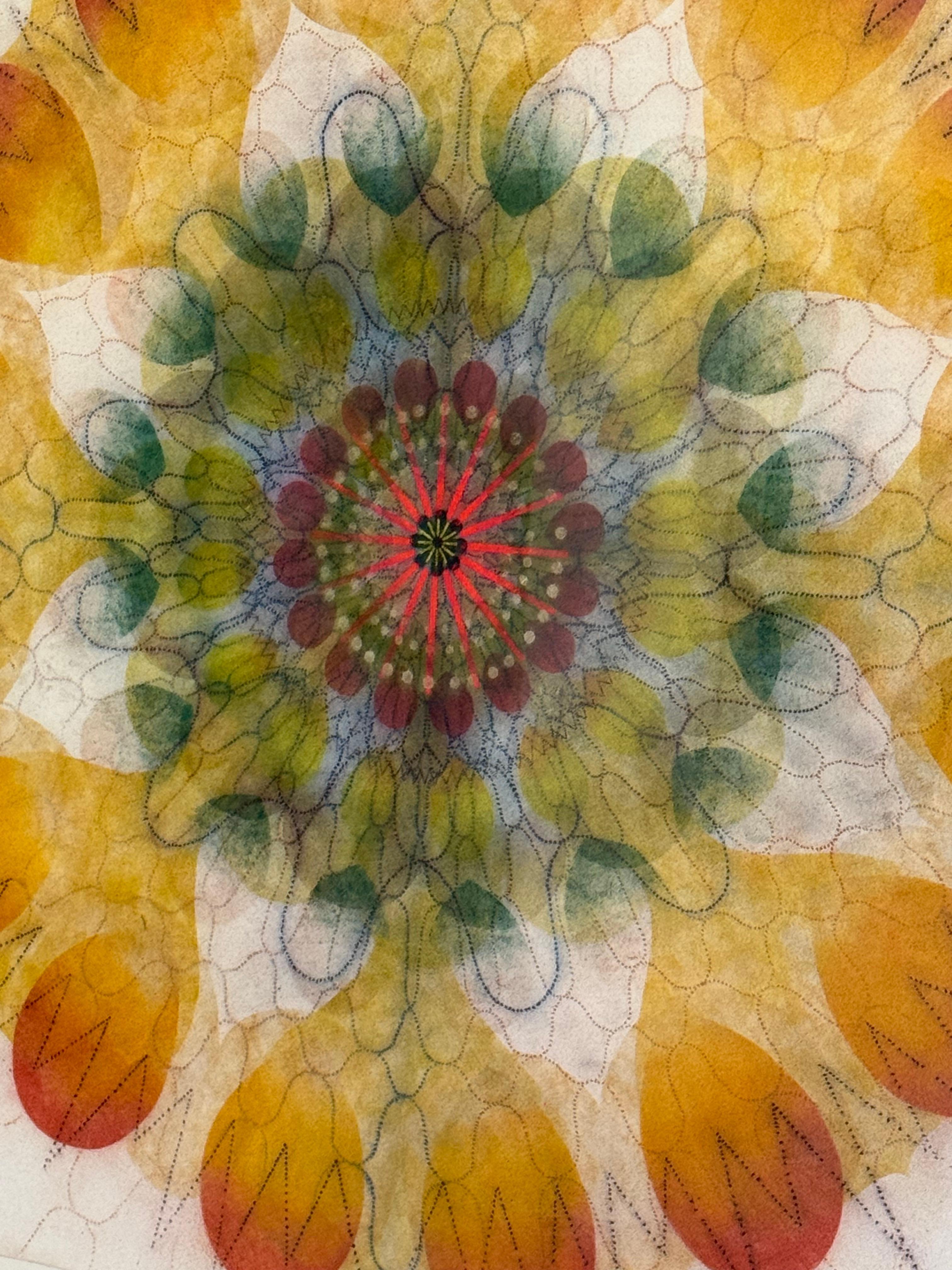Watermill Pinwheel Ten - Orange Green Geometric Abstract Flower Mandala, 2023 - Contemporary Art by Mary Judge