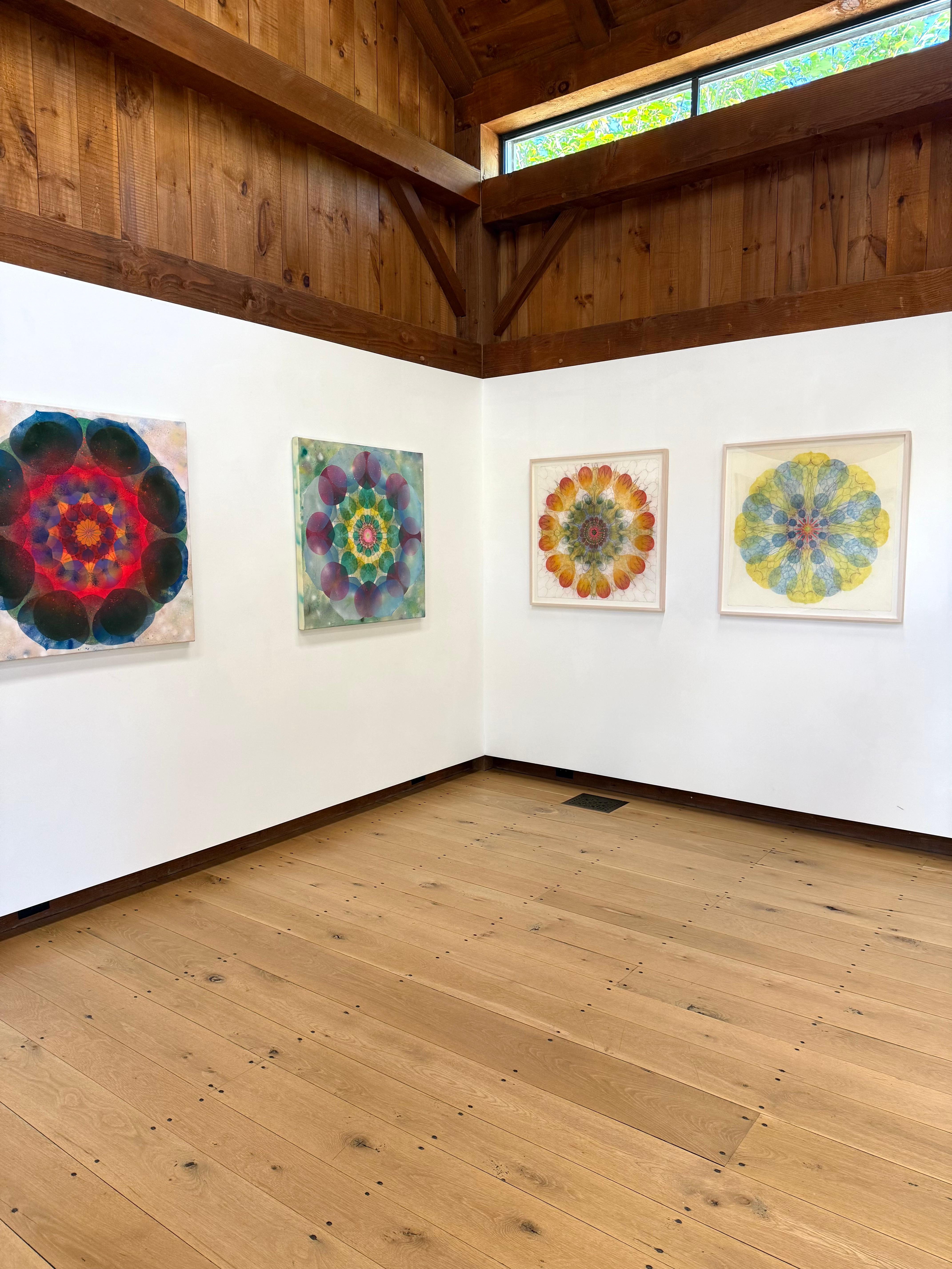 Watermill Pinwheel Ten - Orange Green Geometric Abstract Flower Mandala, 2023 - Beige Abstract Drawing by Mary Judge