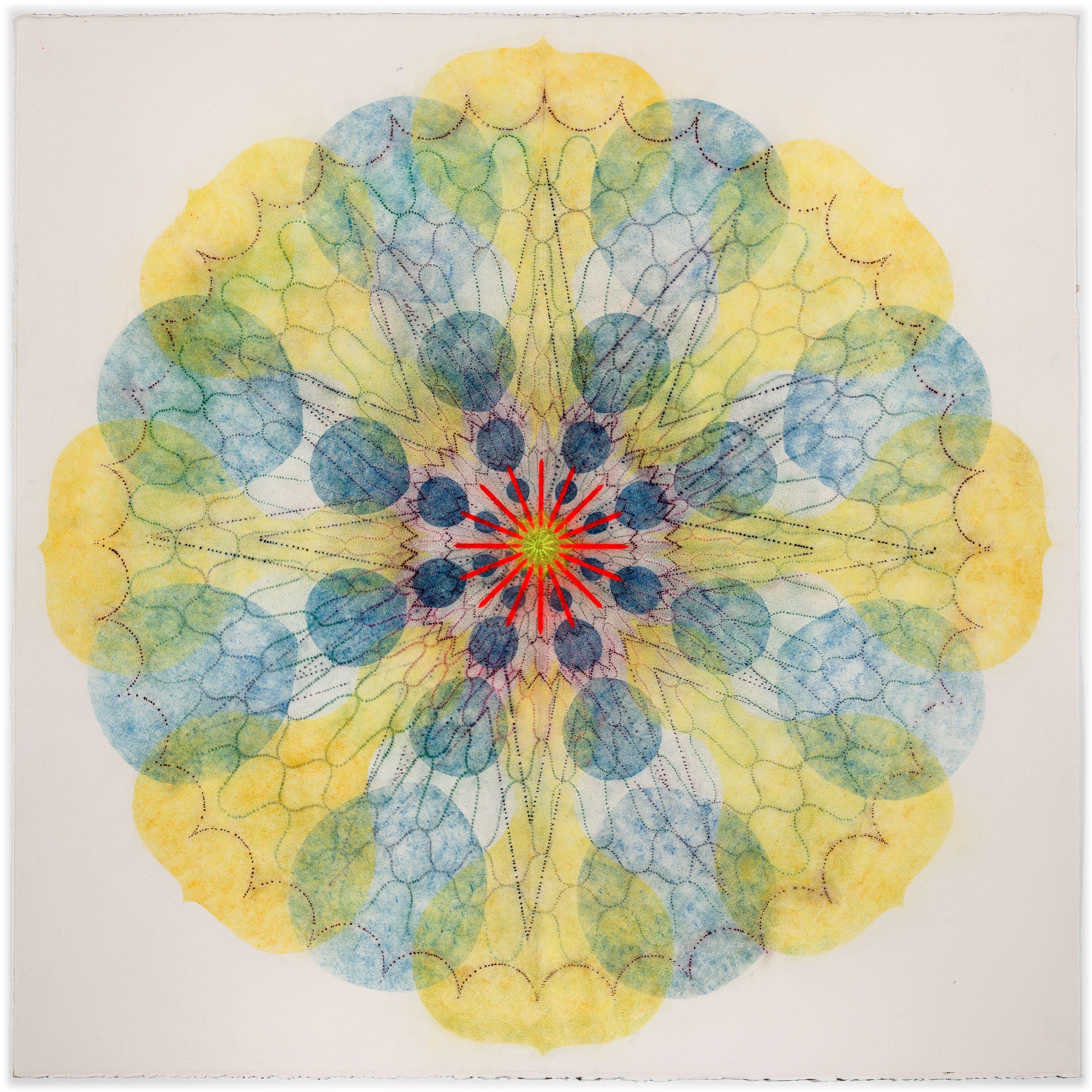 Mary Judge Abstract Drawing - Watermill Pinwheel Three - Yellow Blue Green Geometric Flower Mandala, 2023