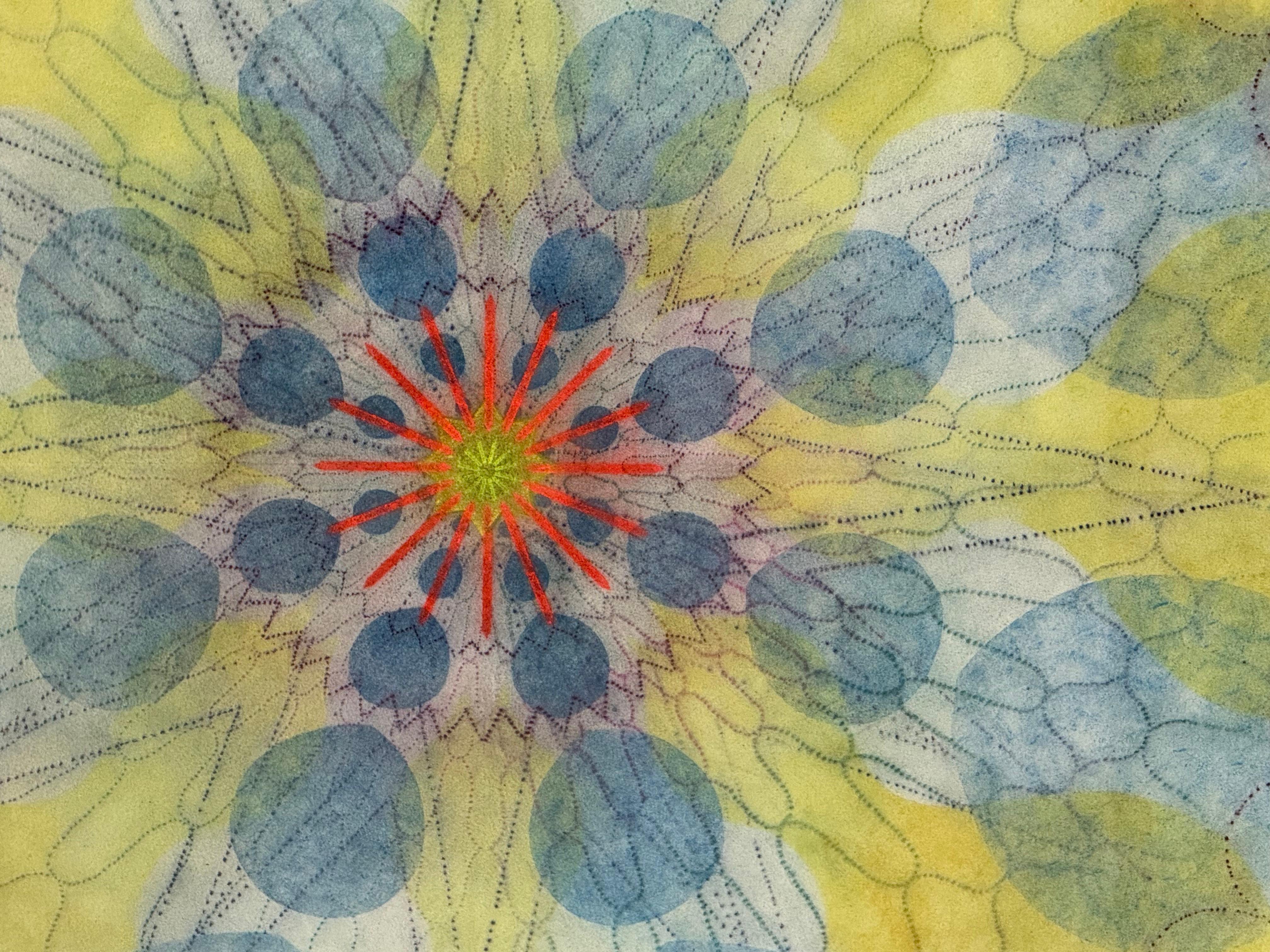 Watermill Pinwheel Three - Yellow Blue Green Geometric Flower Mandala, 2023 - Contemporary Art by Mary Judge