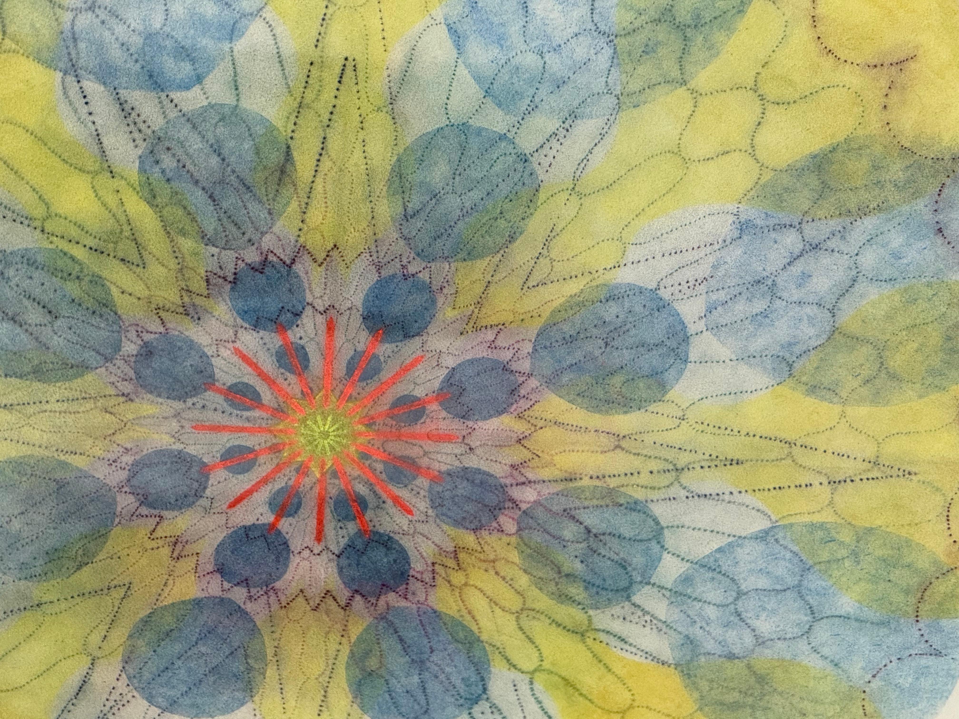 Watermill Pinwheel Three - Yellow Blue Green Geometric Flower Mandala, 2023 - Beige Abstract Drawing by Mary Judge
