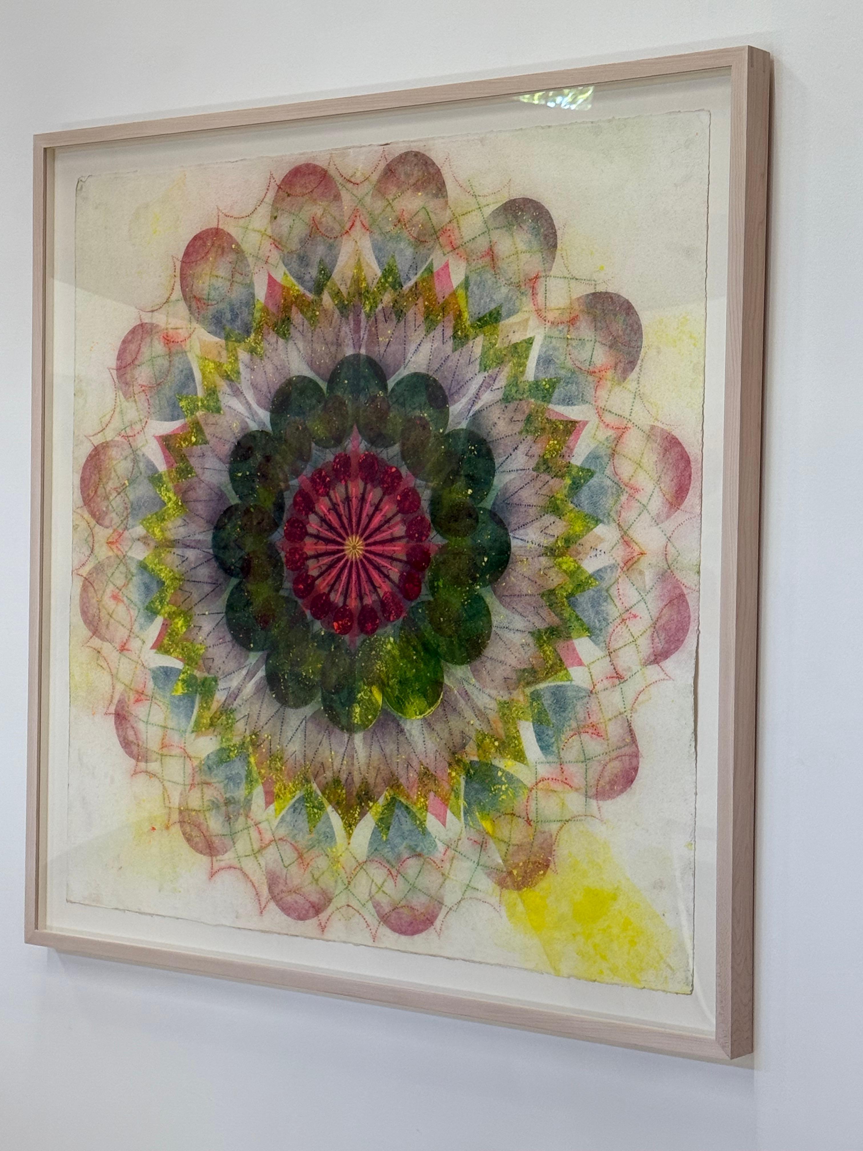 Watermill Pinwheel Nine - Yellow Peach Red Geometric Flower Mandala, 2023 - Art by Mary Judge