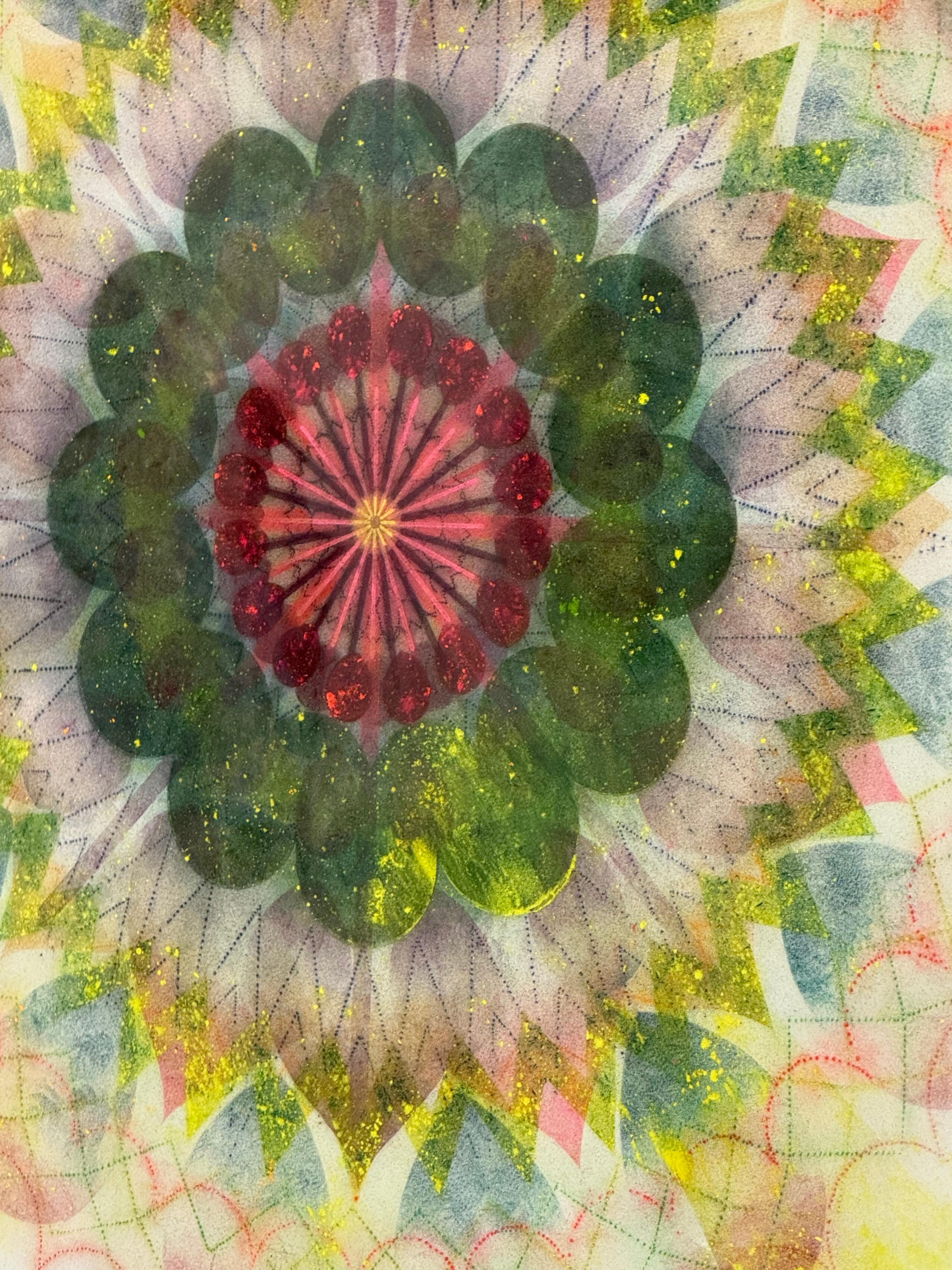 Watermill Pinwheel Nine - Yellow Peach Red Geometric Flower Mandala, 2023 - Contemporary Art by Mary Judge