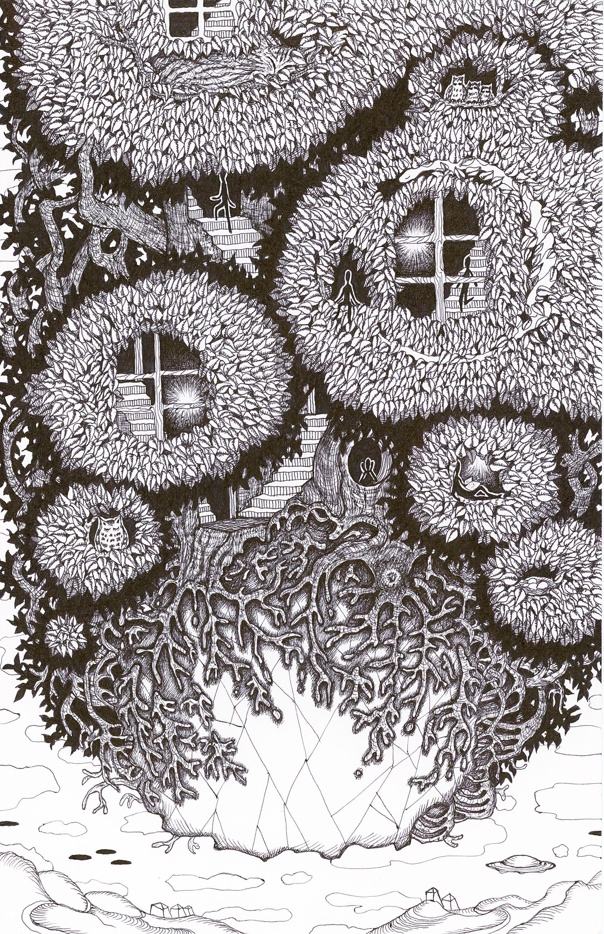 Michiyo Ihara Abstract Drawing - Soul Flowers 47 Floating Land - Forest Life Tree Roots Windows Black White, 2024