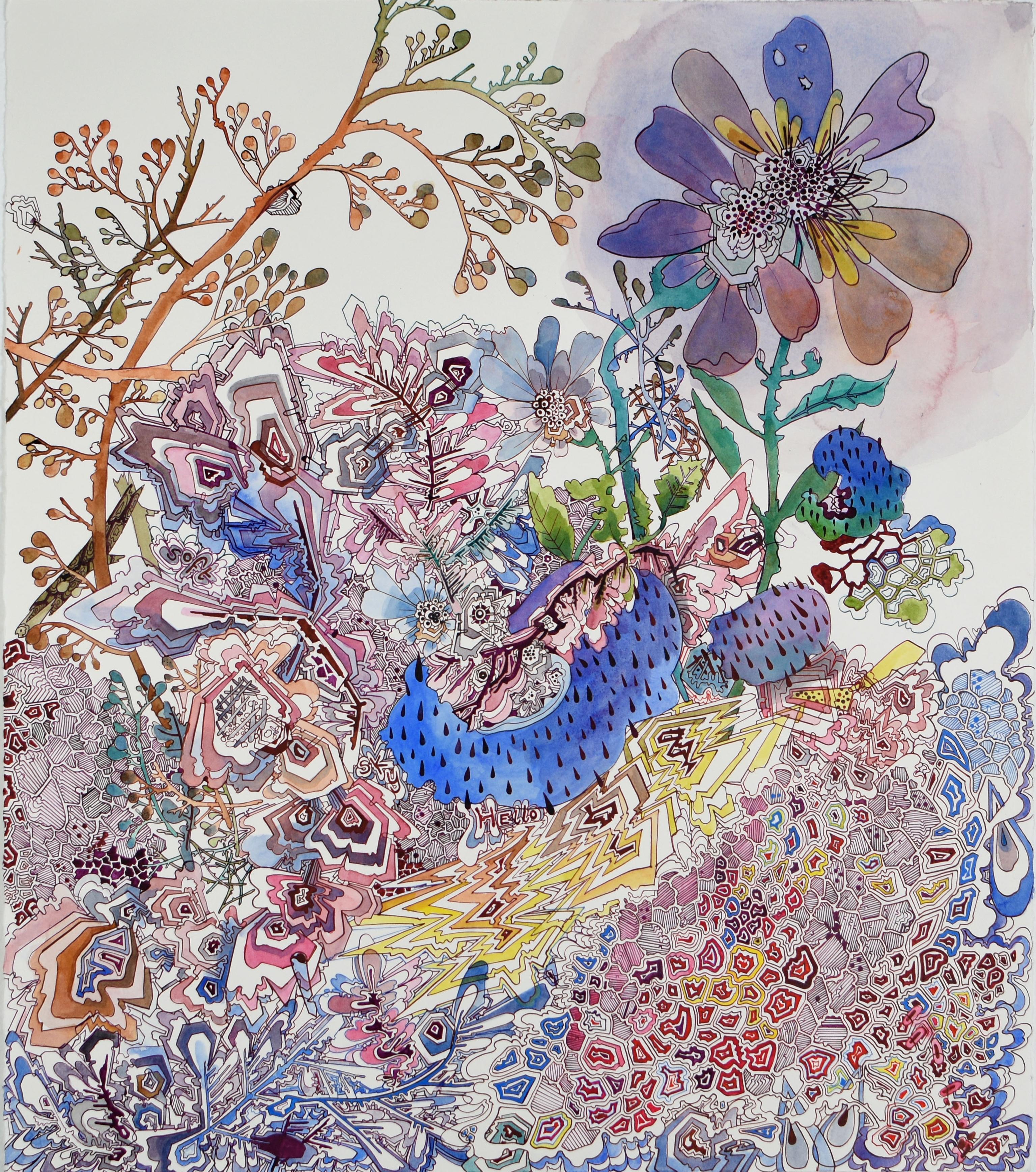 Transmitter - Abstract Pattern Drawing Violet Blue Flower Branches, 2024