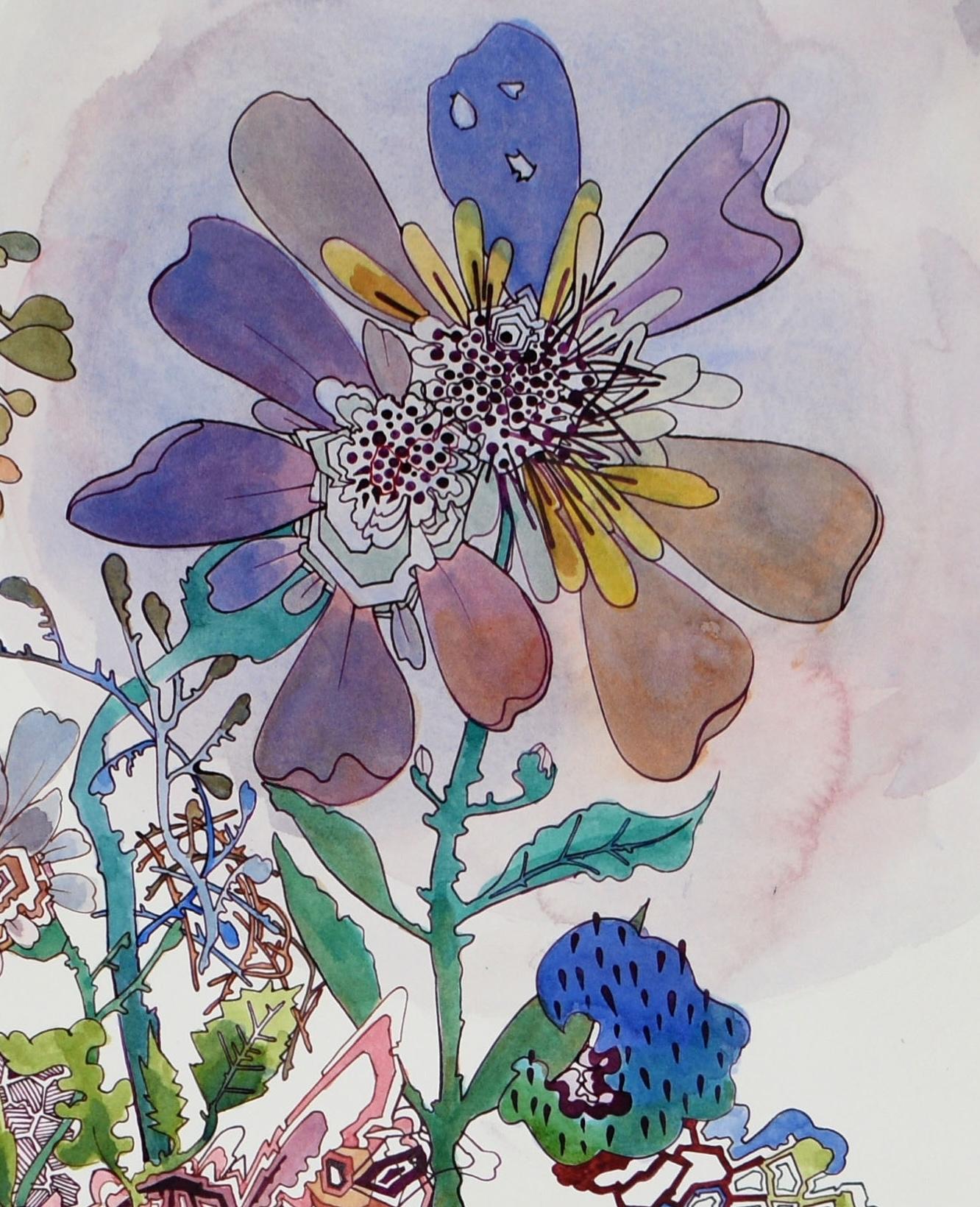Transmitter - Abstract Pattern Drawing Violet Blue Flower Branches, 2024 - Purple Abstract Drawing by Sarah Morejohn
