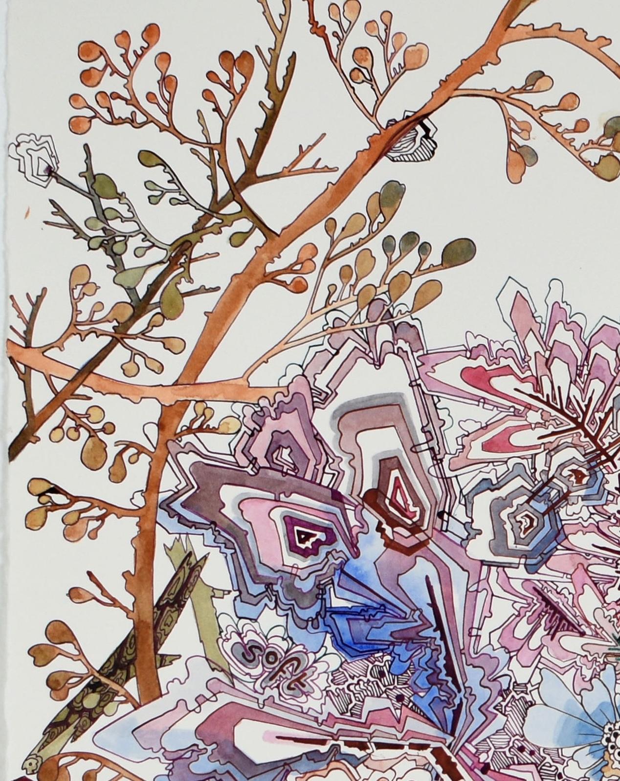 Transmitter - Abstract Pattern Drawing Violet Blue Flower Branches, 2024 - Contemporary Art by Sarah Morejohn