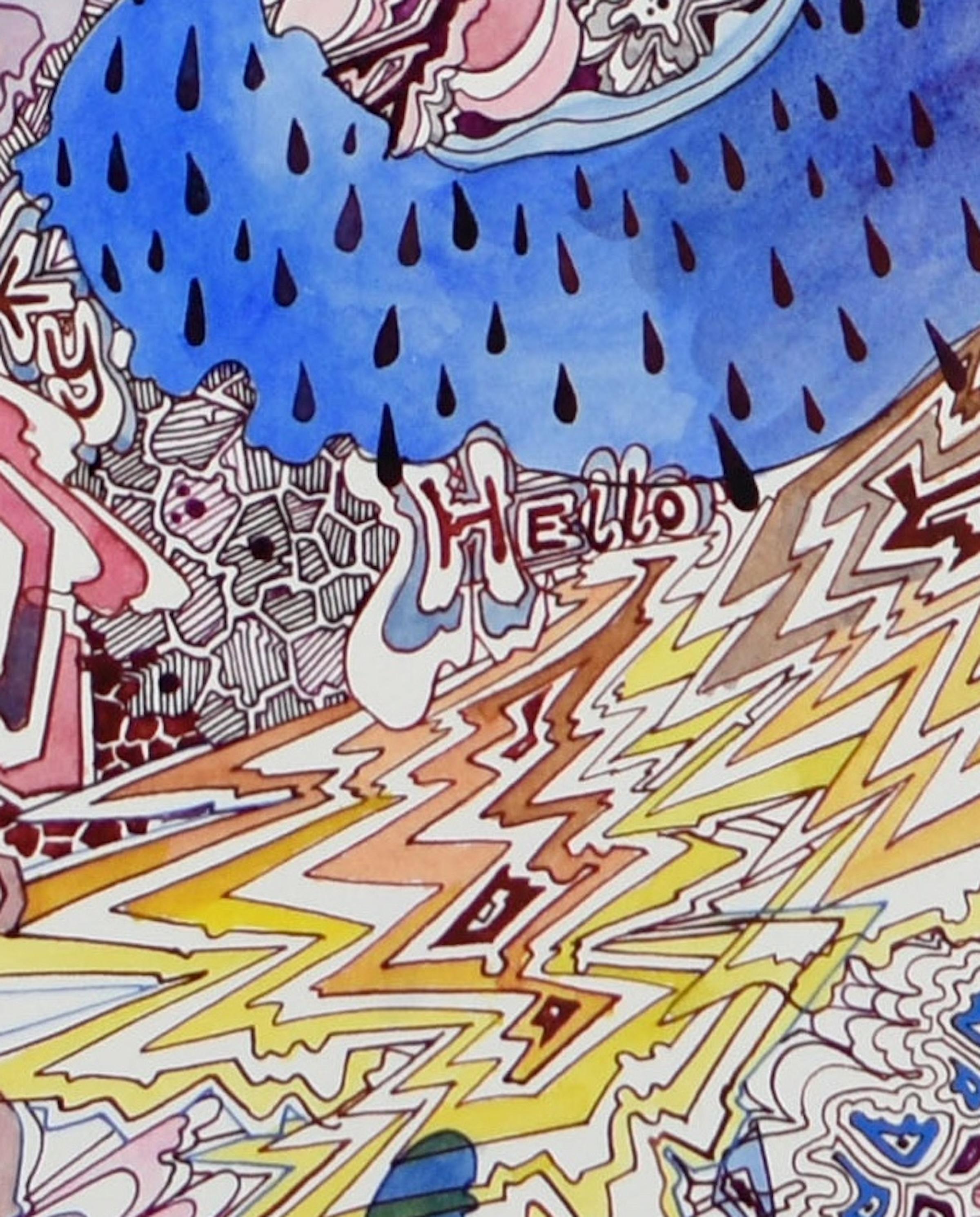 In this meticulously detailed contemporary drawing in ink and watercolor on paper, carefully drawn dots, lines, and shapes in violet blue, pink, orange, yellow and maroon create an intricate composition inspired by flowers, branches, and patterns in