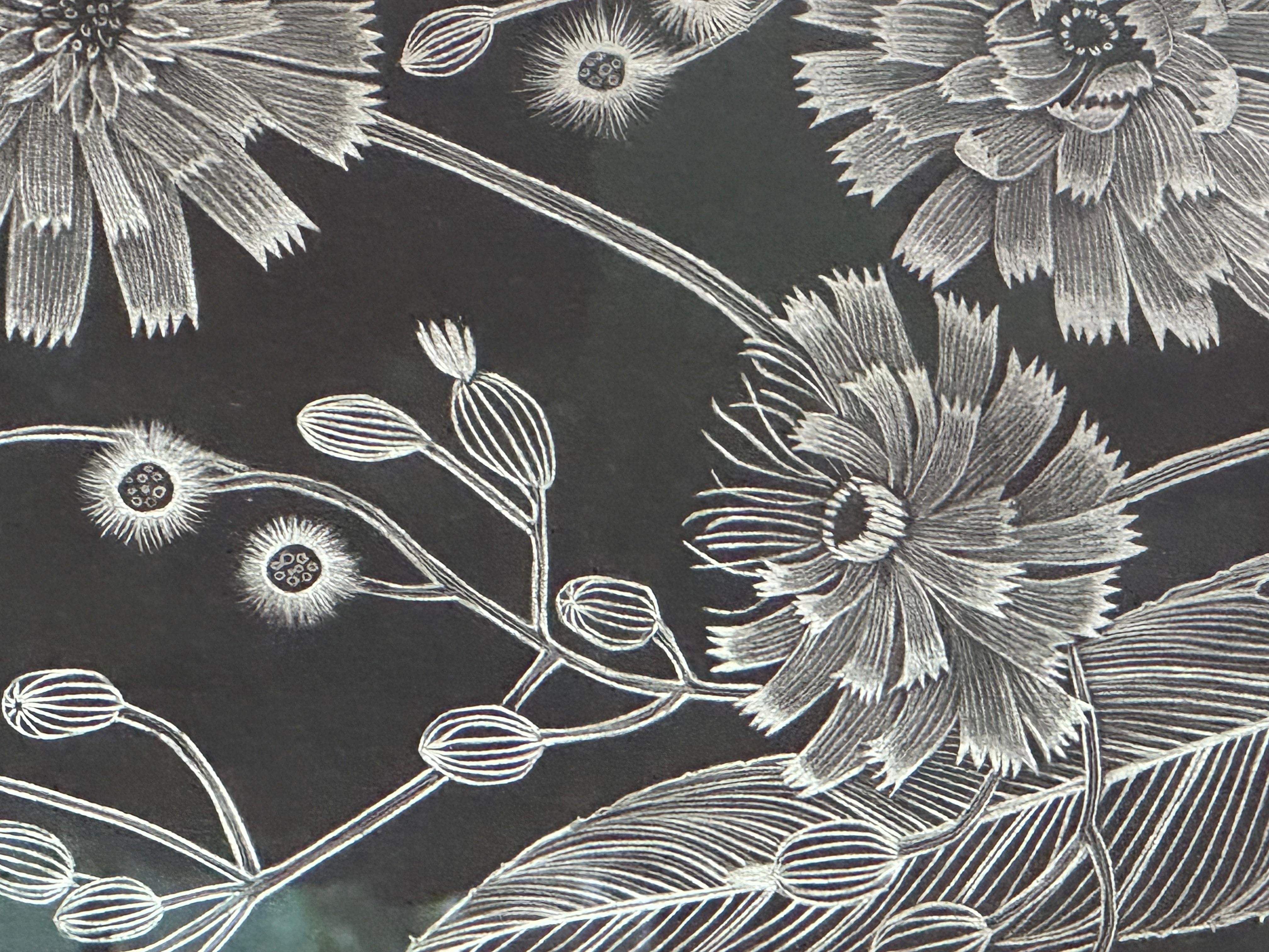 Hawkweed - Disegno botanico contemporaneo in argento metallizzato su nero, 2022 - Landscape Art Nero di Margot Glass