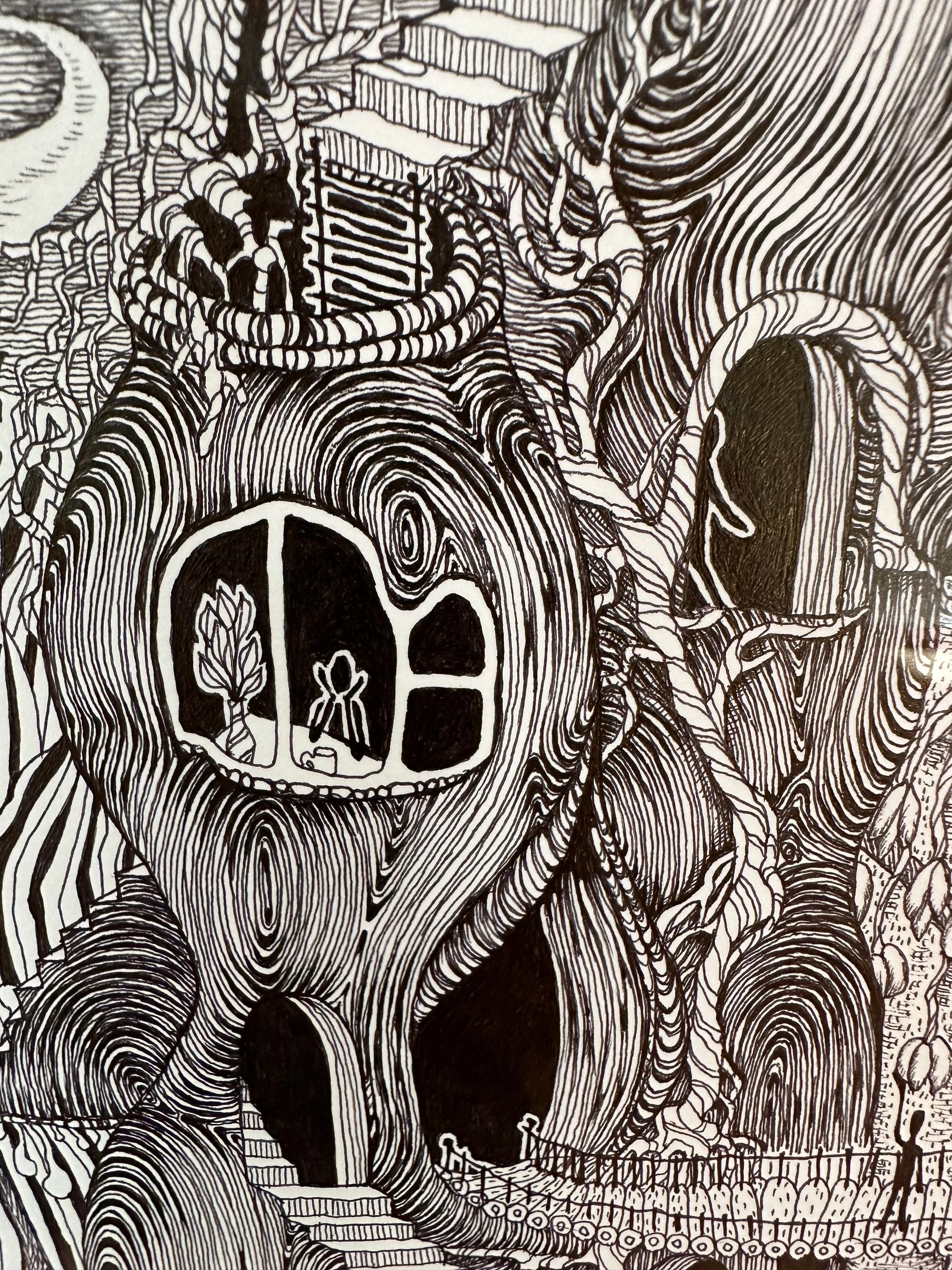 Ame Fleurs 39 Symbiose Forêt Vie - Arbres Portes Fenêtres Dessin au stylo, 2024 en vente 1