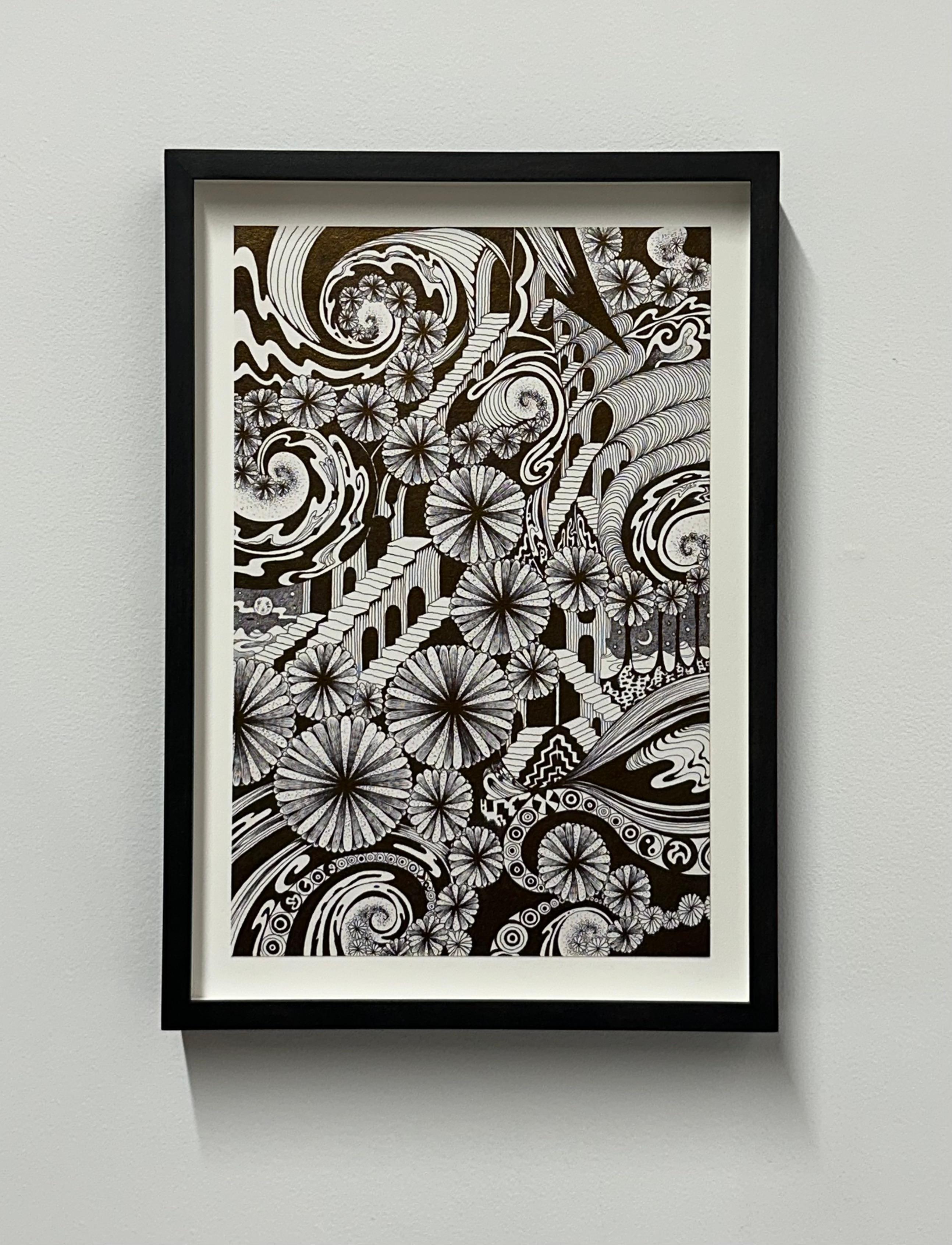 Soul Flowers 60 Eternal City - Staircase Black and White Flower Pattern Drawing - Art by Michiyo Ihara