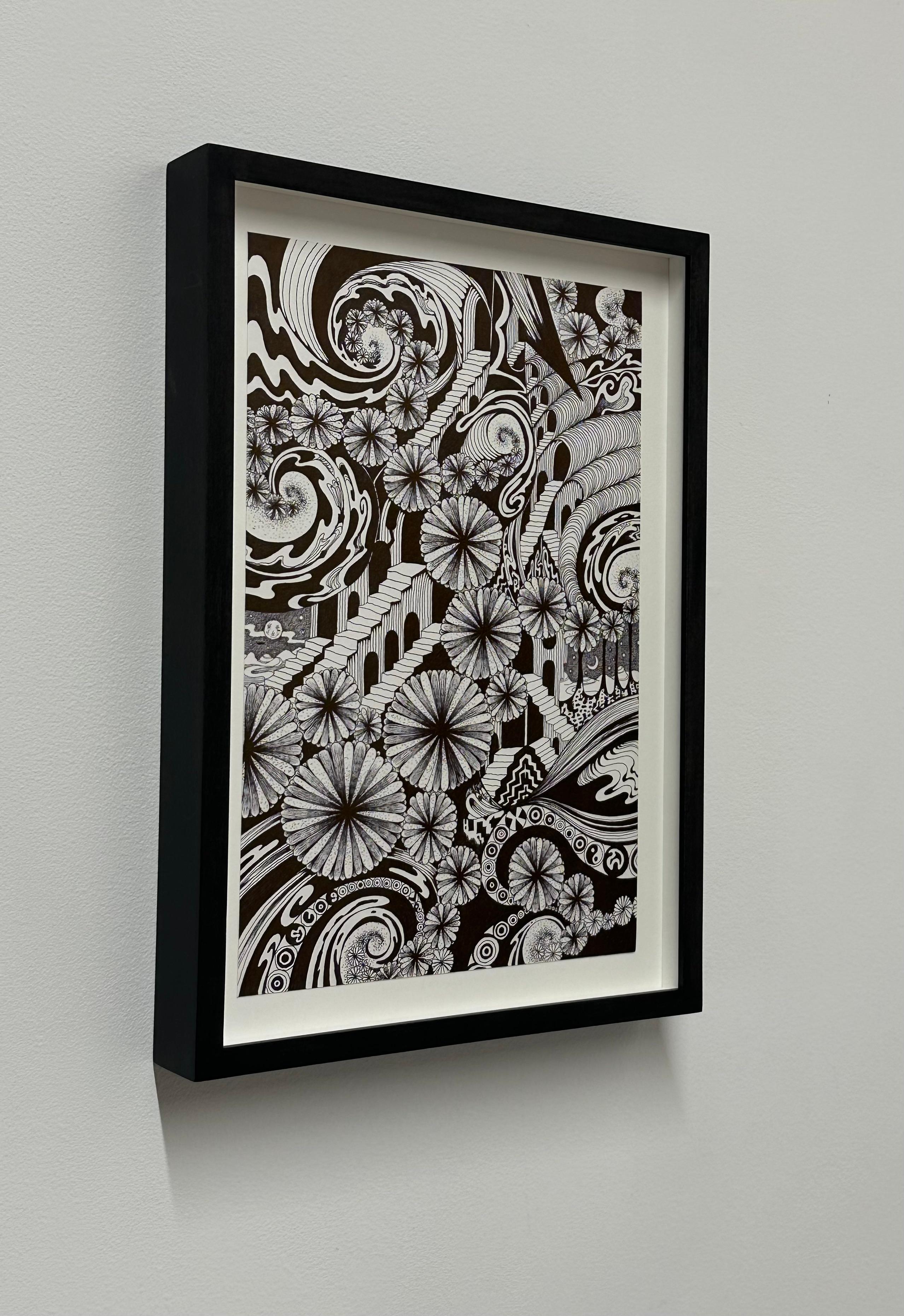 Soul Flowers 60 Eternal City - Staircase Black and White Flower Pattern Drawing - Contemporary Art by Michiyo Ihara