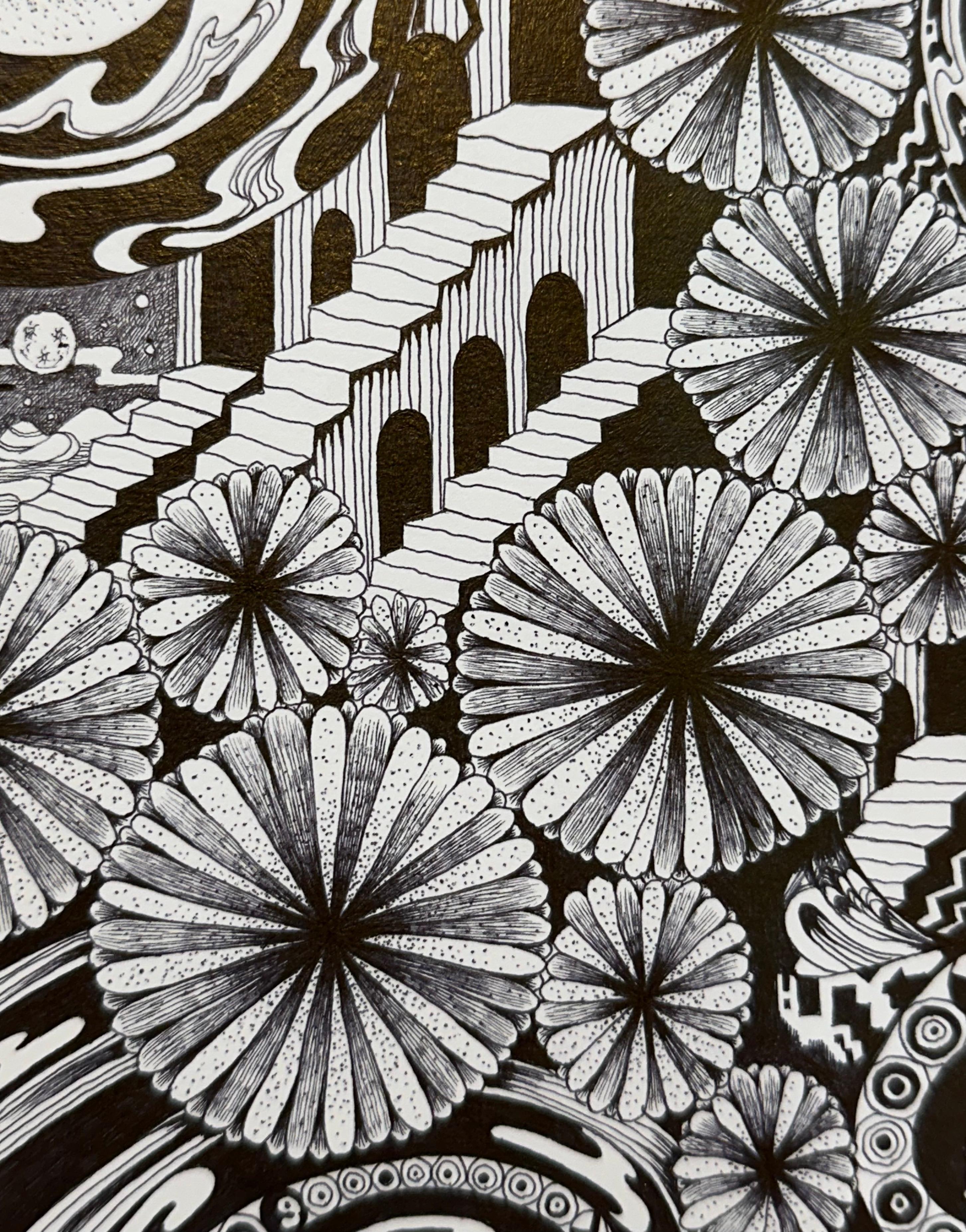 Soul Flowers 60 Eternal City - Staircase Black and White Flower Pattern Drawing For Sale 1