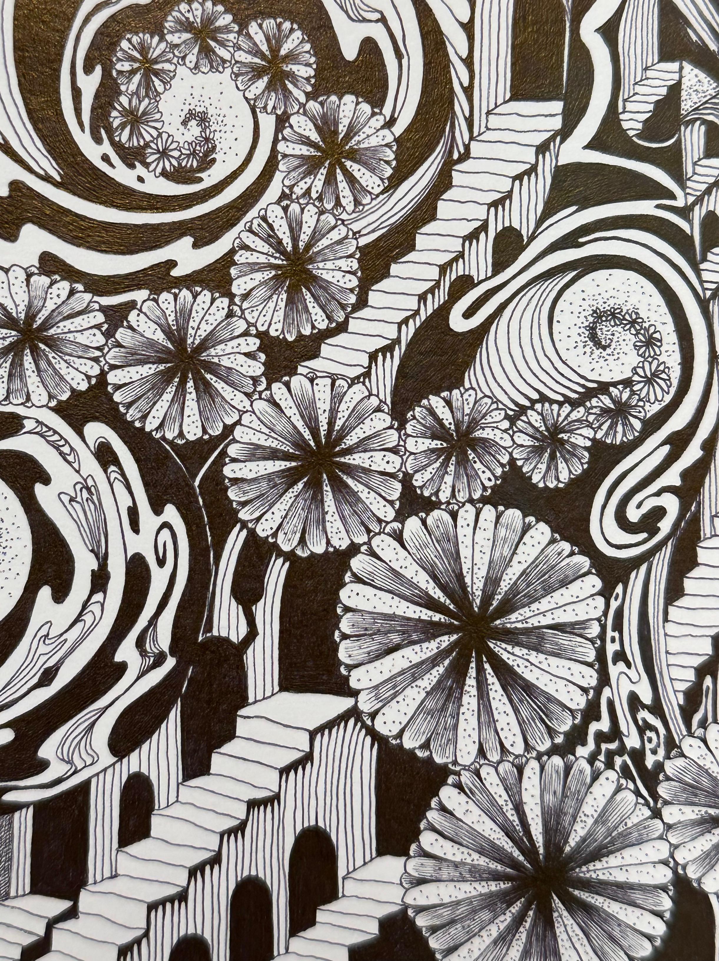 Soul Flowers 60 Eternal City - Staircase Black and White Flower Pattern Drawing For Sale 2