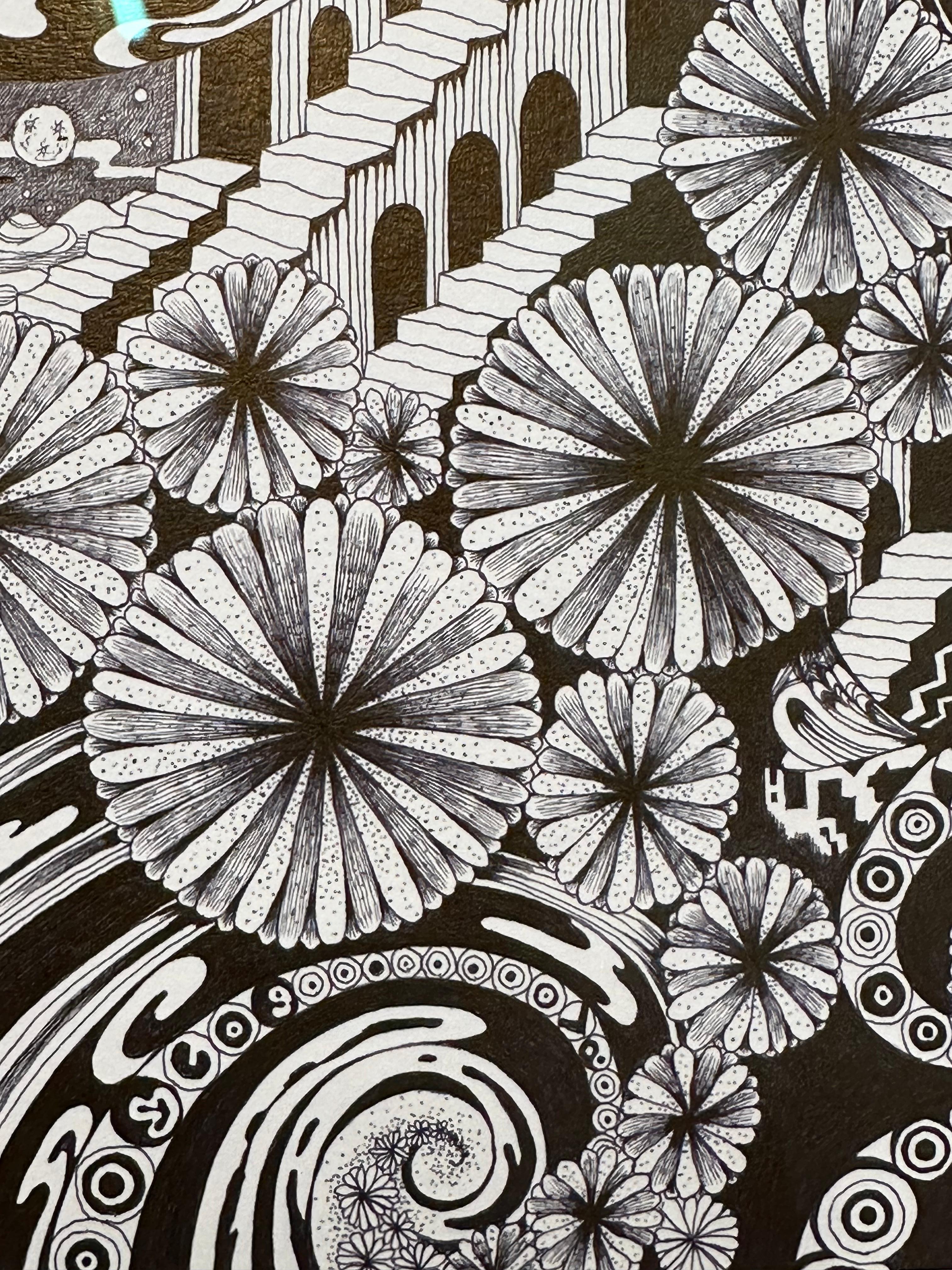 Soul Flowers 60 Eternal City - Staircase Black and White Flower Pattern Drawing For Sale 3