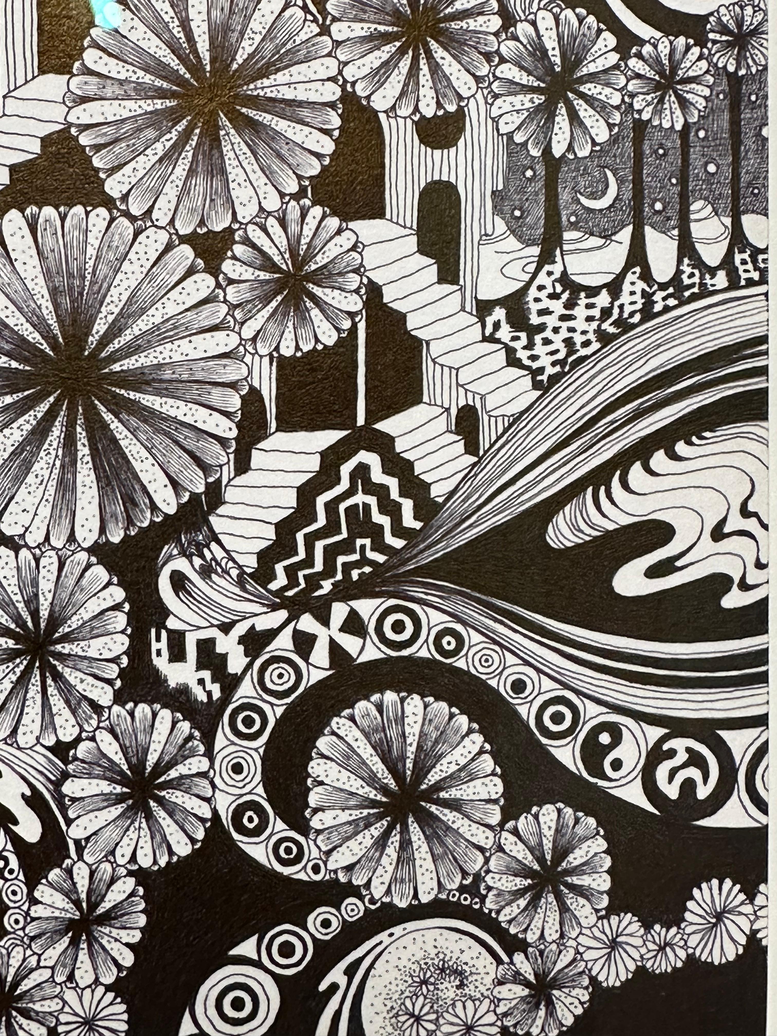 Soul Flowers 60 Eternal City - Staircase Black and White Flower Pattern Drawing For Sale 4