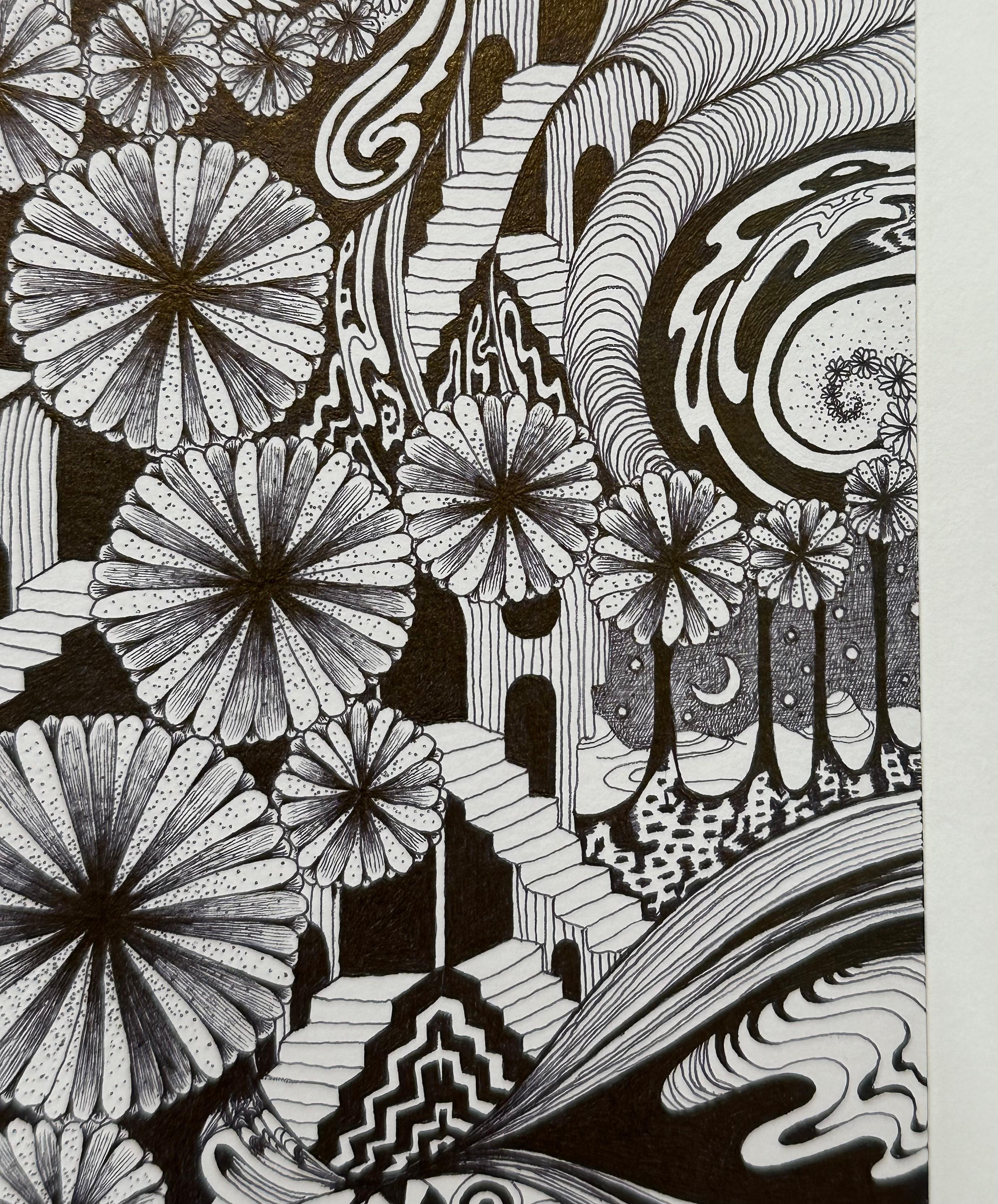 Soul Flowers 60 Eternal City - Staircase Black and White Flower Pattern Drawing For Sale 5