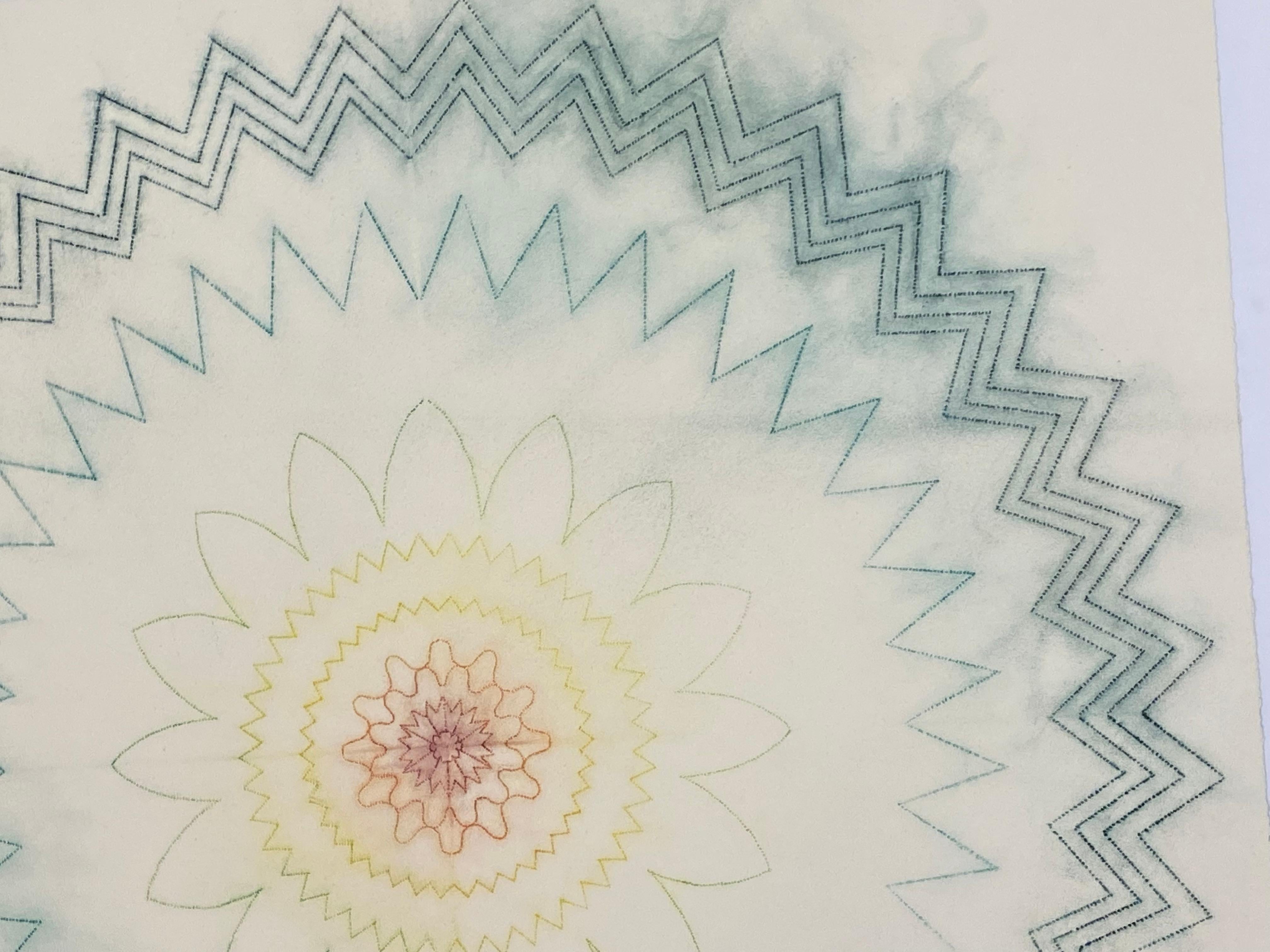 Contemporary multicolored drawing created with Judge's unique powered pigment technique. Primavera Pop 17 is a predominately dark green, bright yellow and dark orange geometric flower mandala shape with dark red at the center in delicate lines