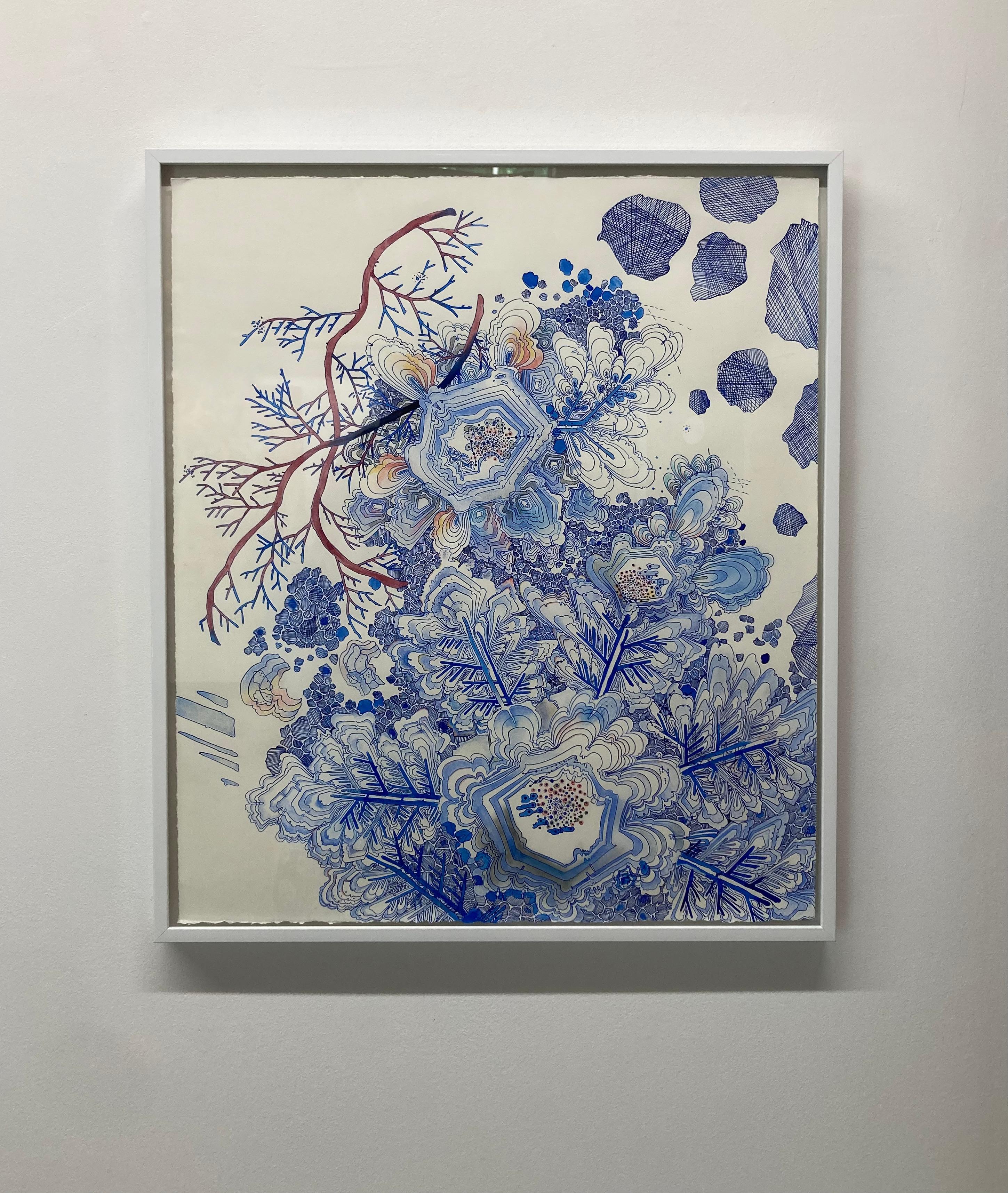 Snow Flora Falling - Pattern Drawing Blue Peach Snowflake Branches, 2020 - Art by Sarah Morejohn