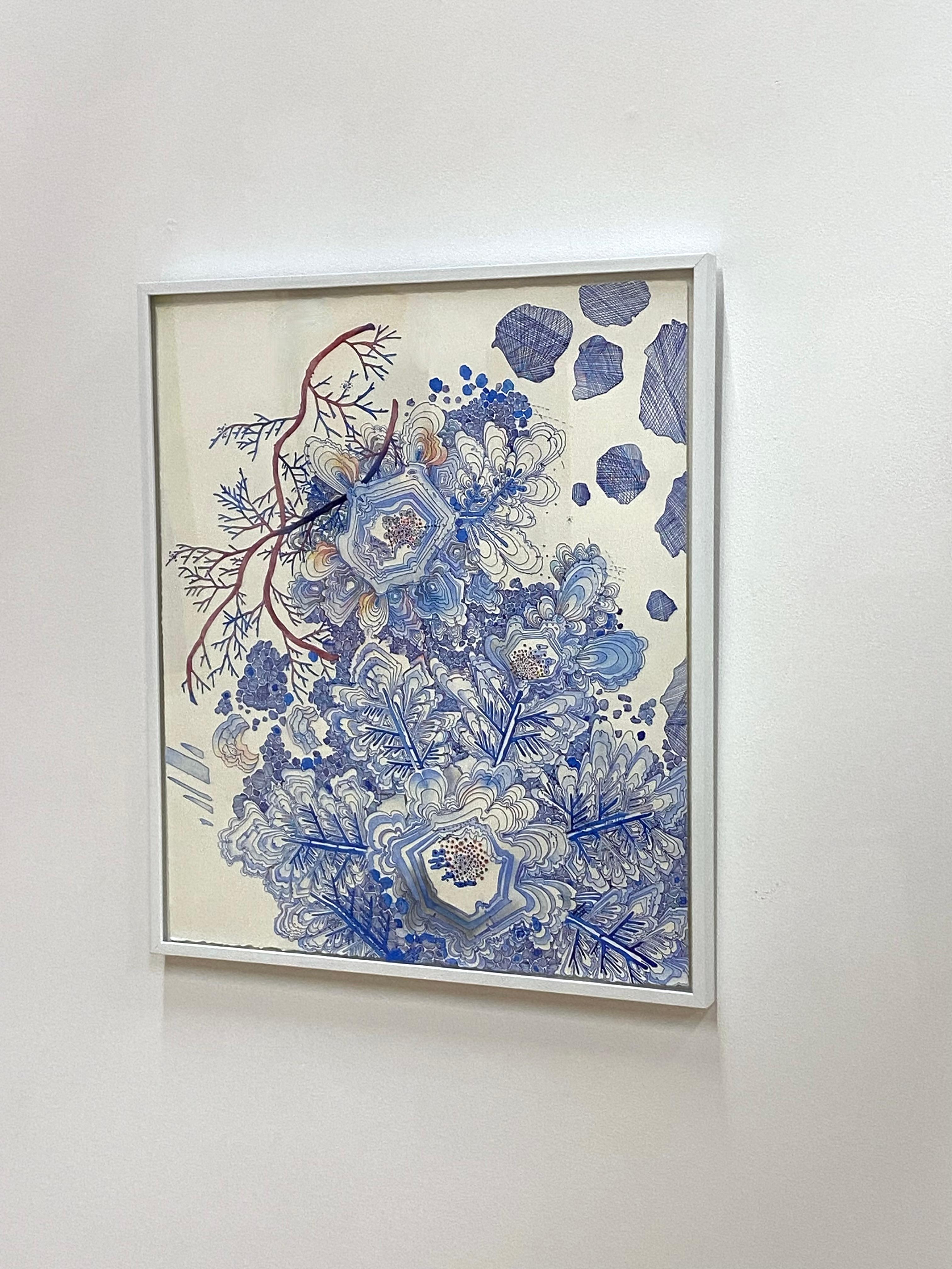 Snow Flora Falling - Pattern Drawing Blue Peach Snowflake Branches, 2020 - Contemporary Art by Sarah Morejohn