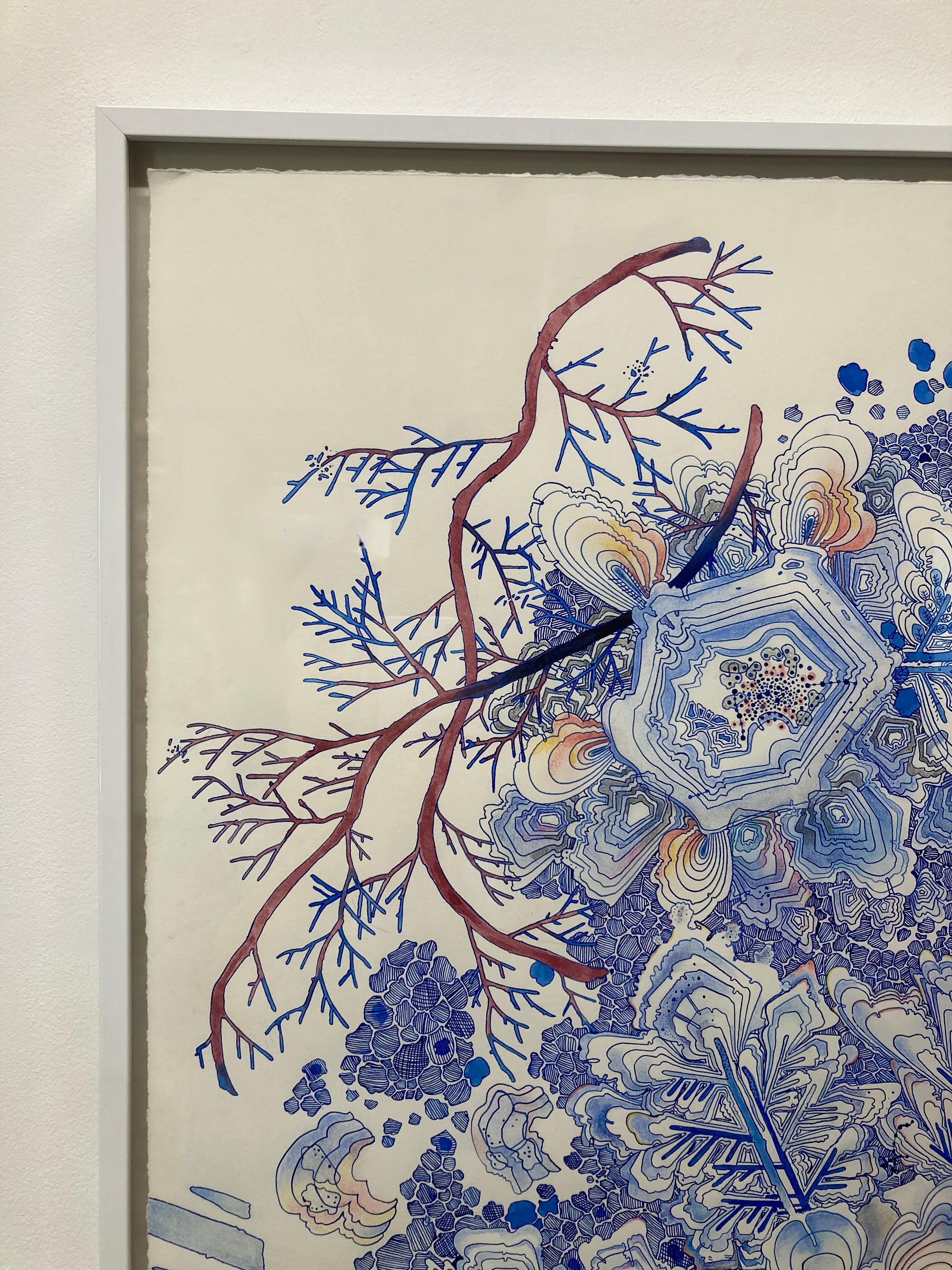 In this cotemporary drawing, carefully drawn dots and lines in soft shades of indigo blue with pink, green, yellow and dark red details in an intricate composition are inspired by patterns in nature. This drawing in ink, graphite and colored pencil