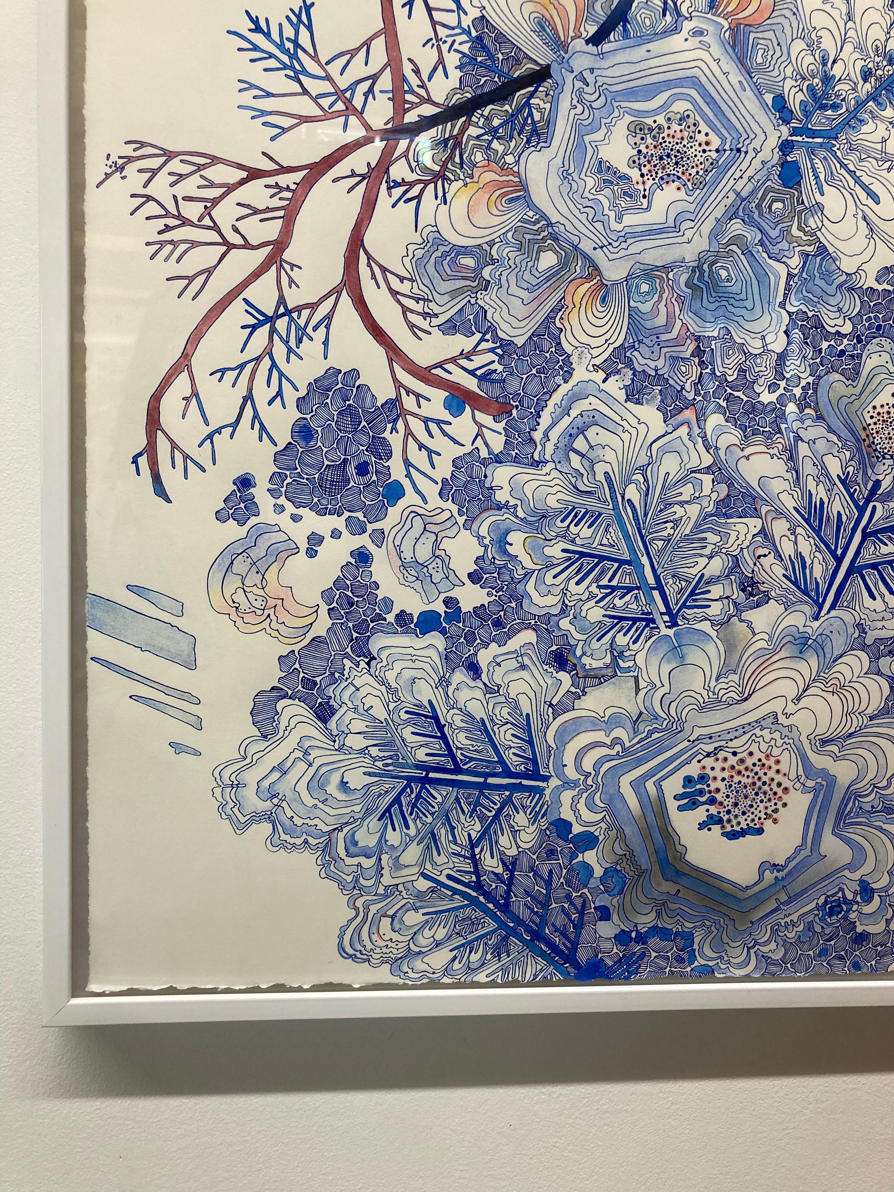 Snow Flora Falling - Pattern Drawing Blue Peach Snowflake Branches, 2020 For Sale 1