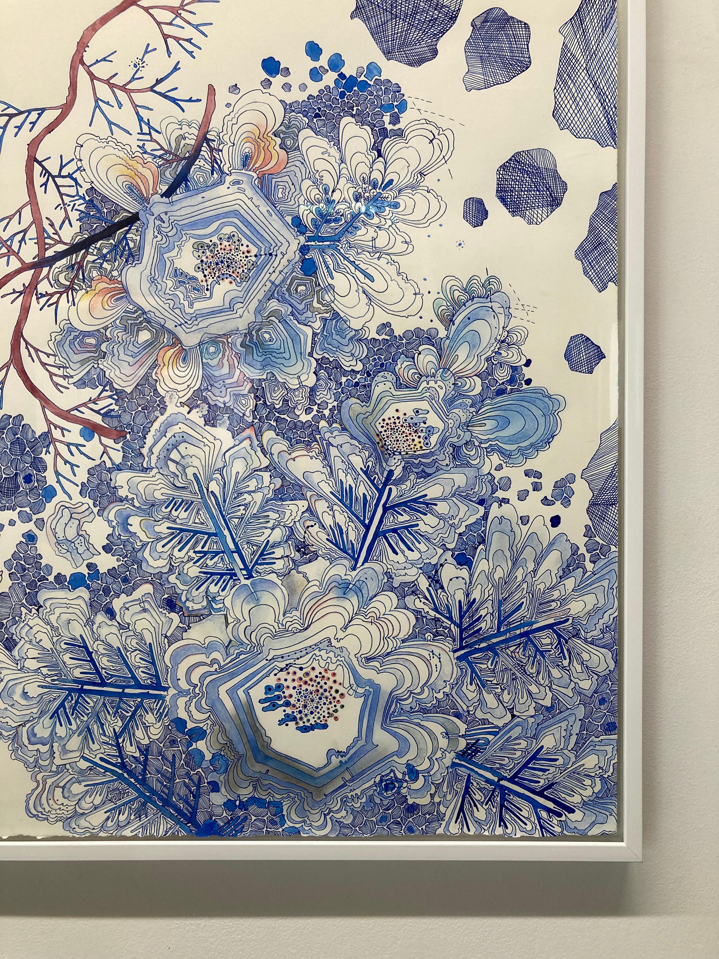 Snow Flora Falling - Pattern Drawing Blue Peach Snowflake Branches, 2020 For Sale 2