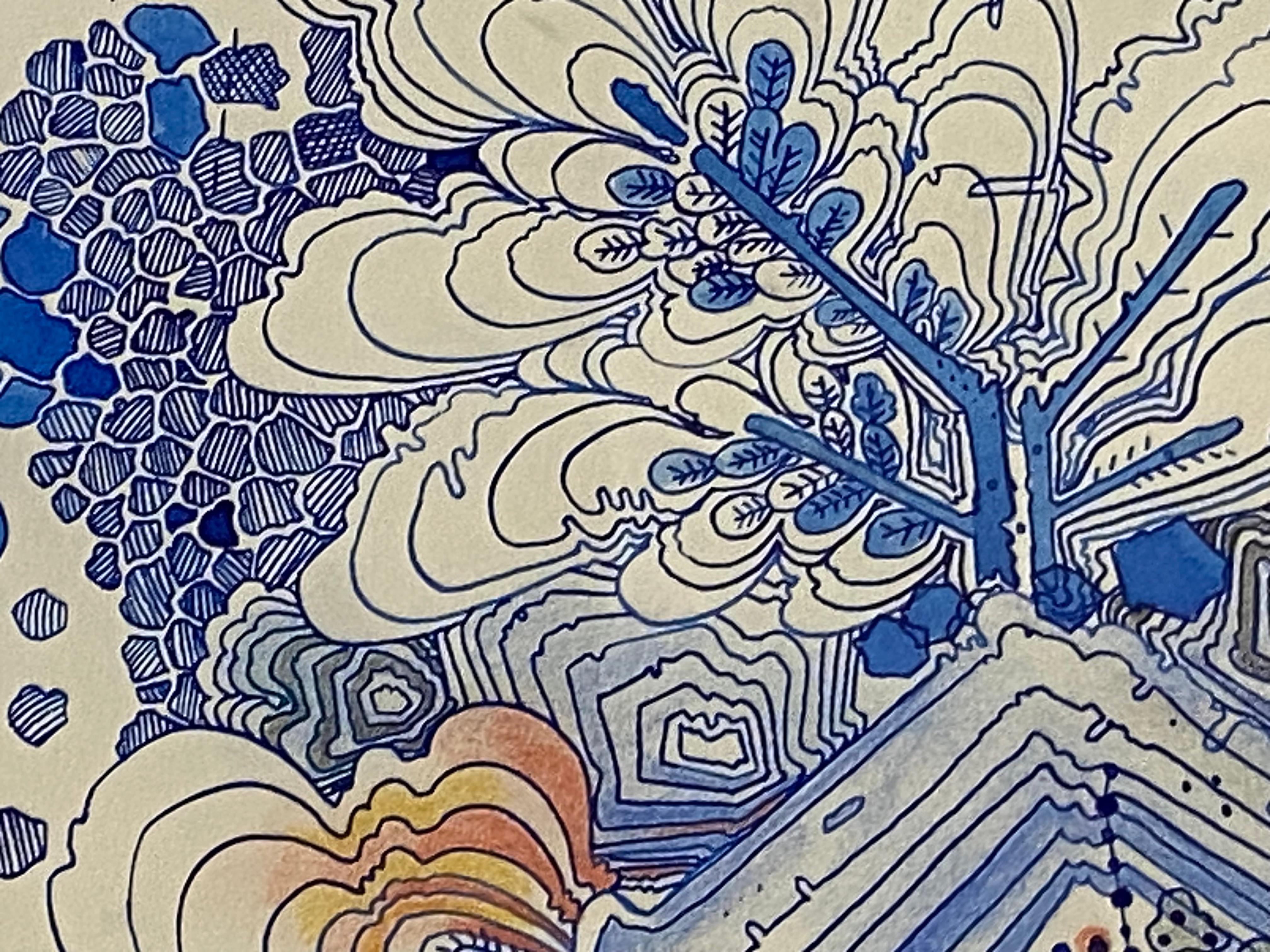 Snow Flora Falling - Pattern Drawing Blue Peach Snowflake Branches, 2020 For Sale 5