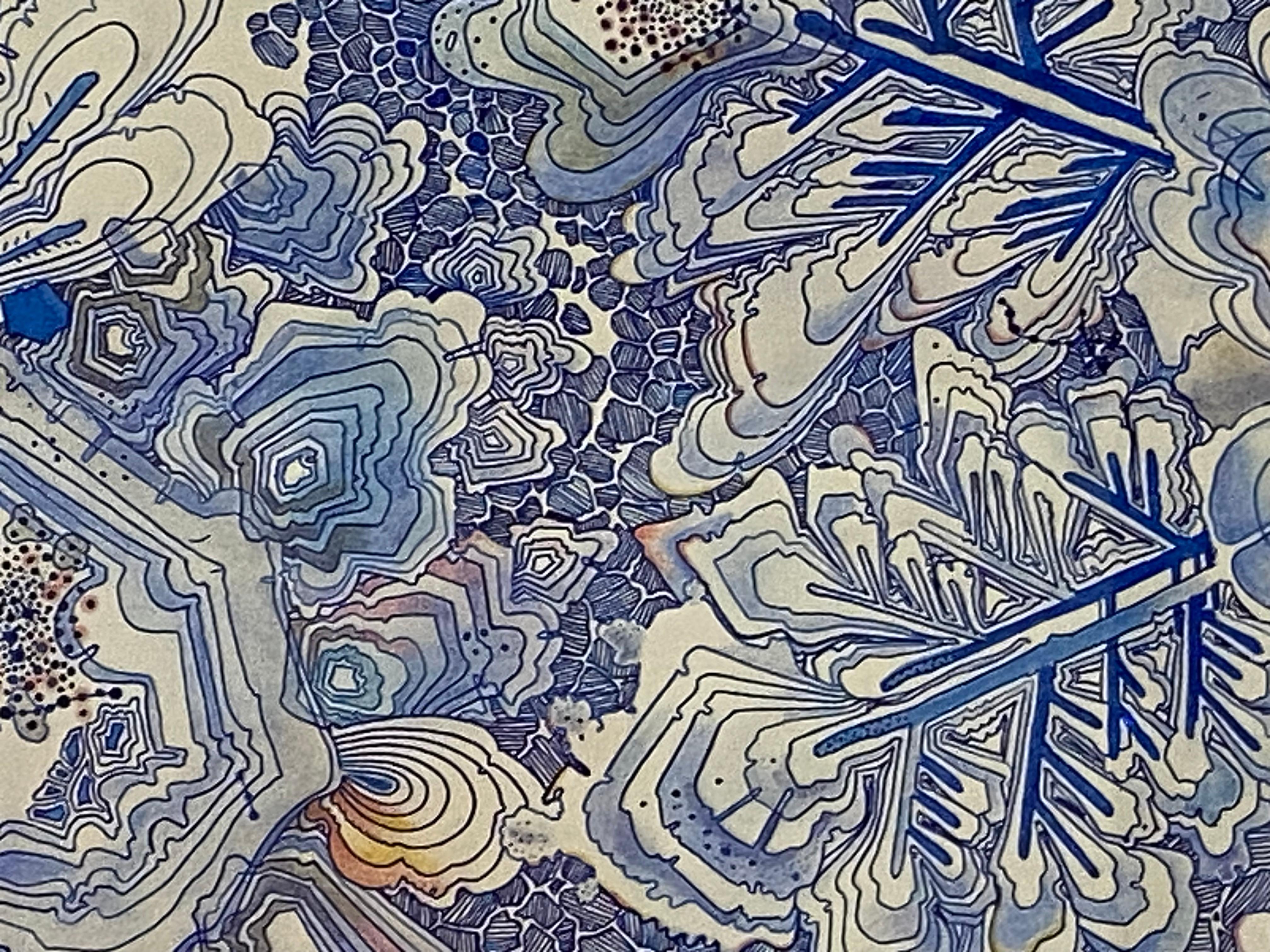 Snow Flora Falling - Pattern Drawing Blue Peach Snowflake Branches, 2020 For Sale 7