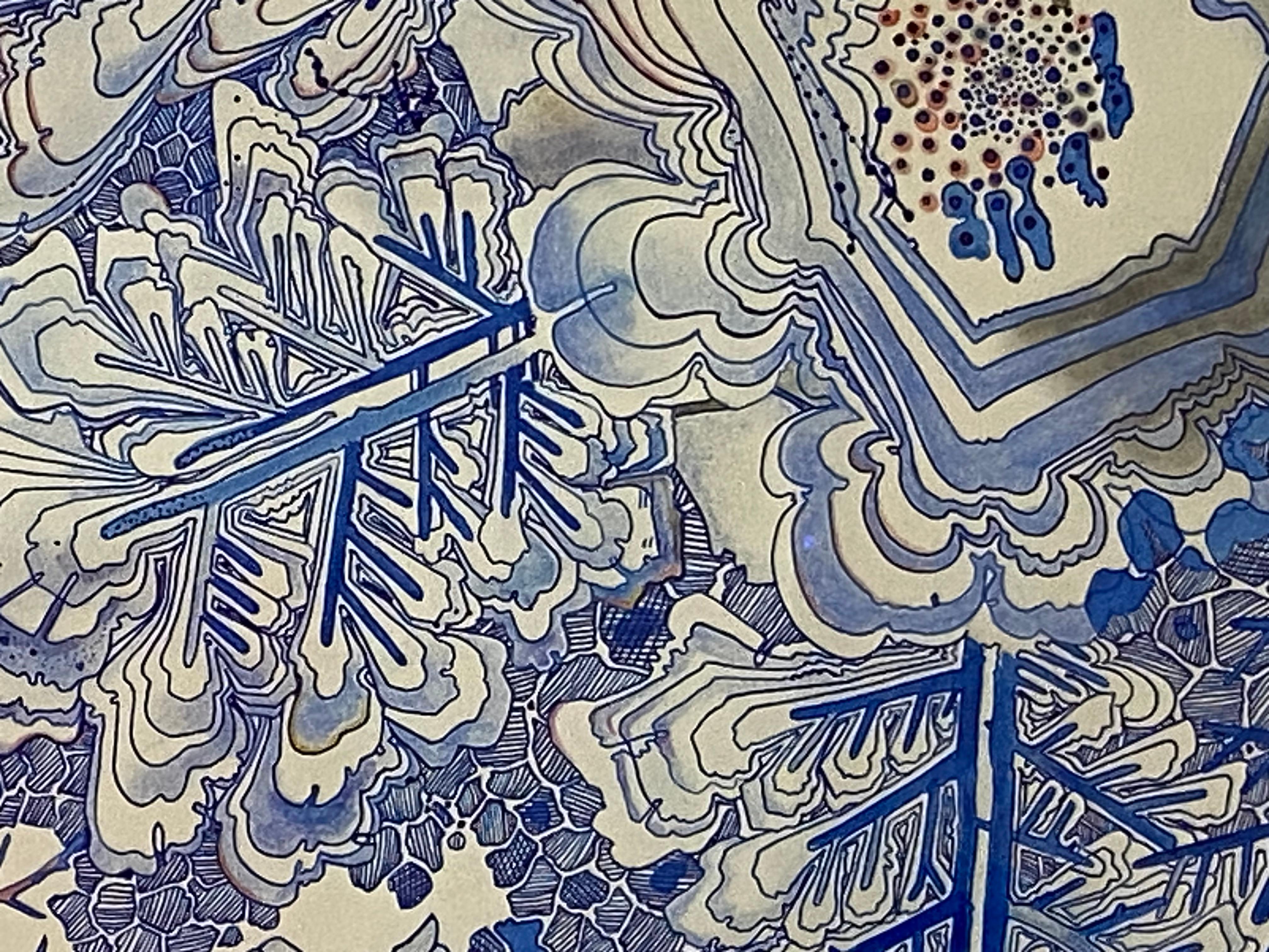 Snow Flora Falling - Pattern Drawing Blue Peach Snowflake Branches, 2020 For Sale 8