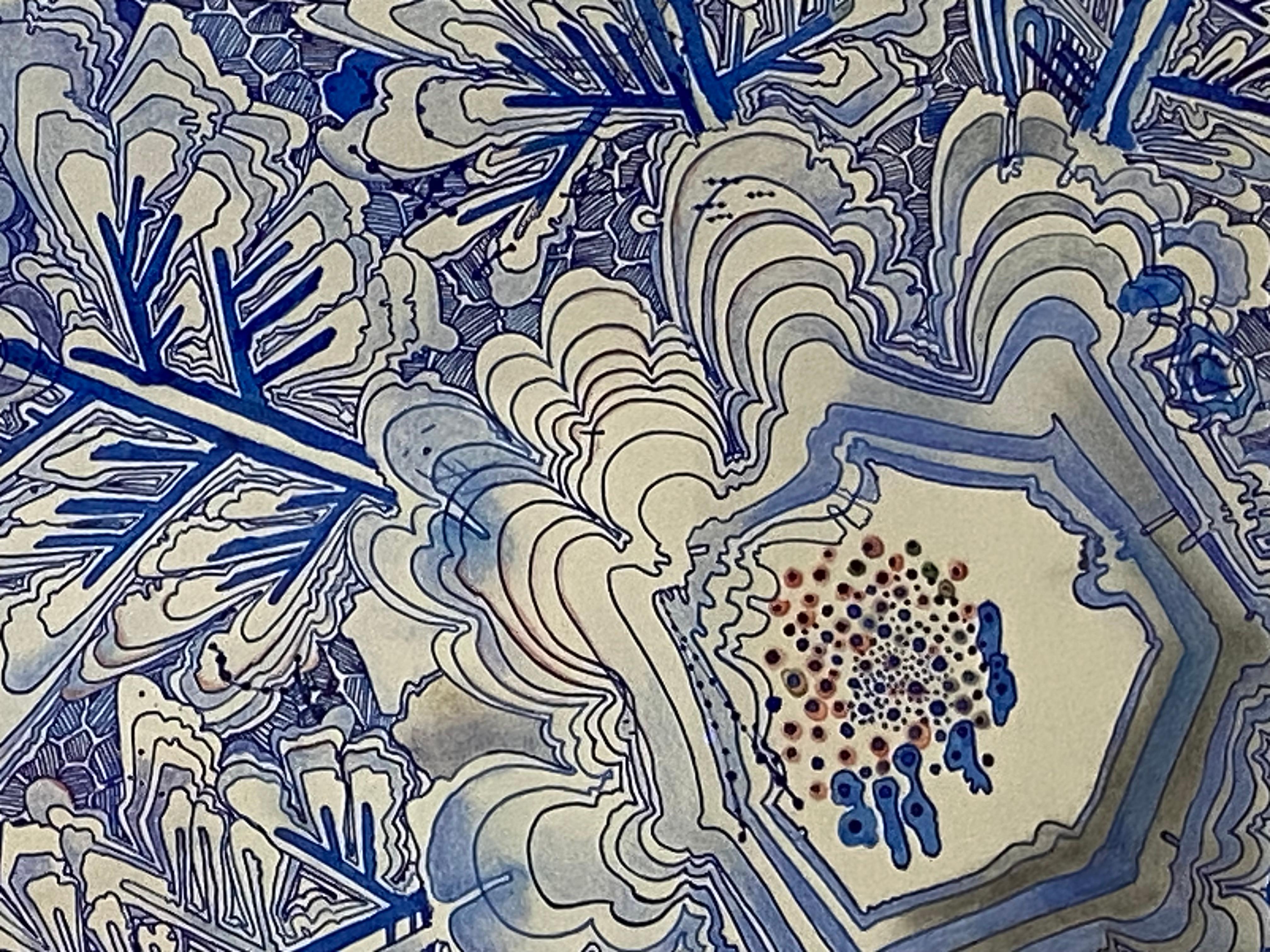 Snow Flora Falling - Pattern Drawing Blue Peach Snowflake Branches, 2020 For Sale 9